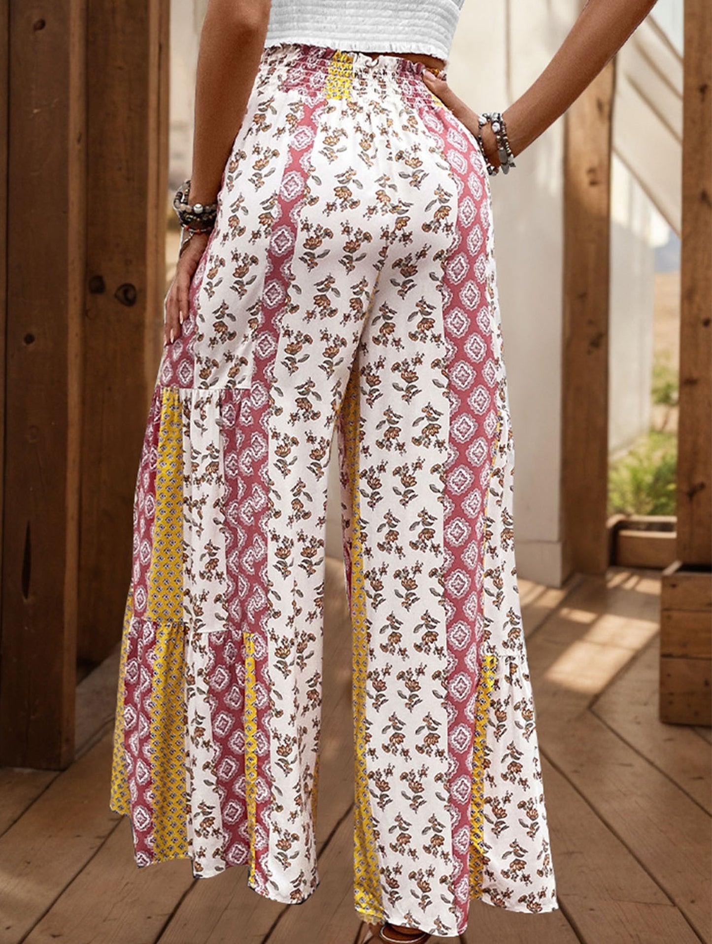 Lace-up geometric floral-print wide-leg pants