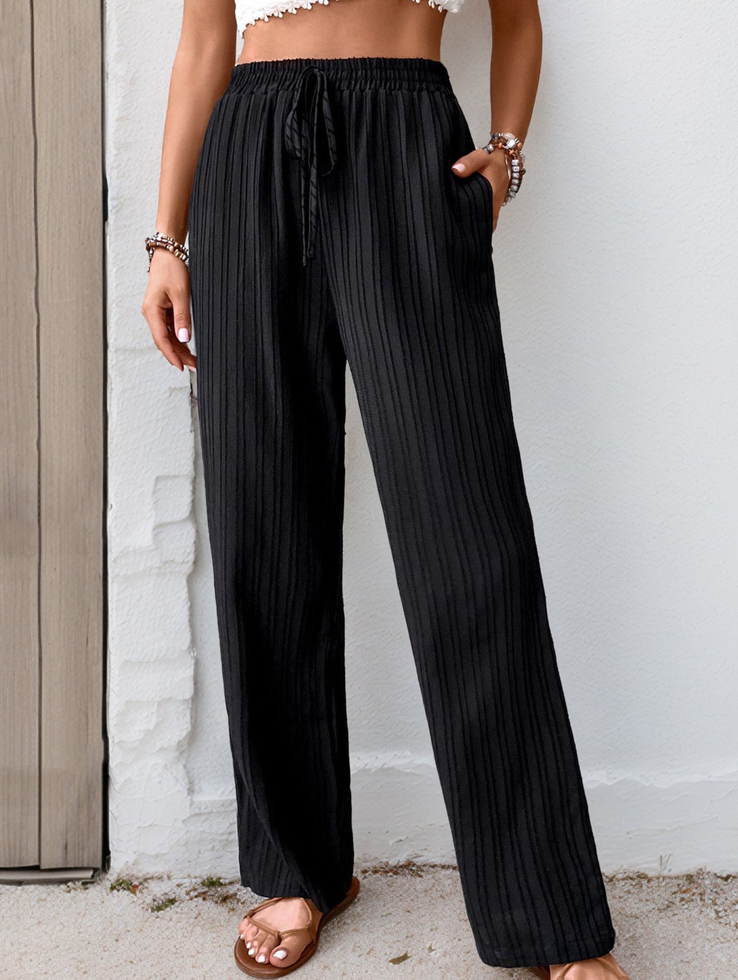 Simple high-waist loose pleated wide-leg pants