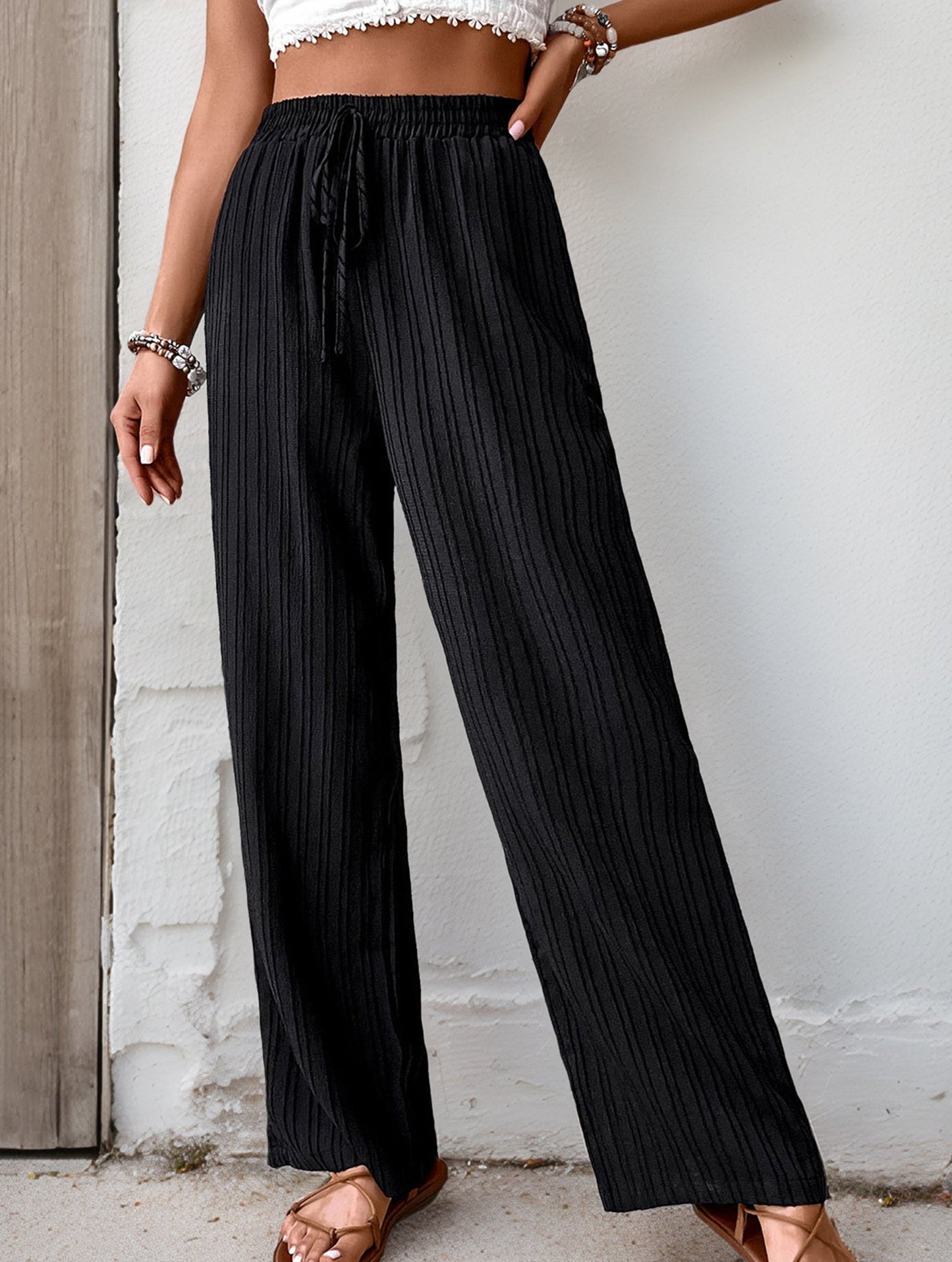 Simple high-waist loose pleated wide-leg pants