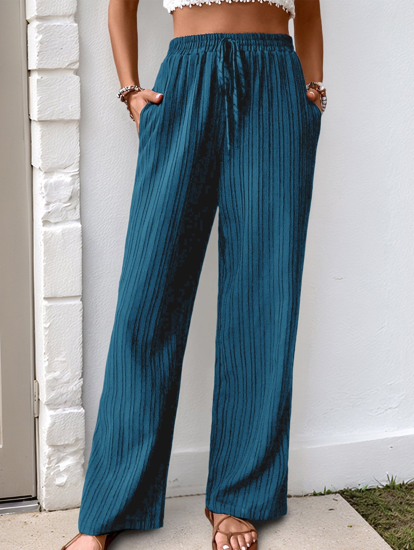 Simple high-waist loose pleated wide-leg pants