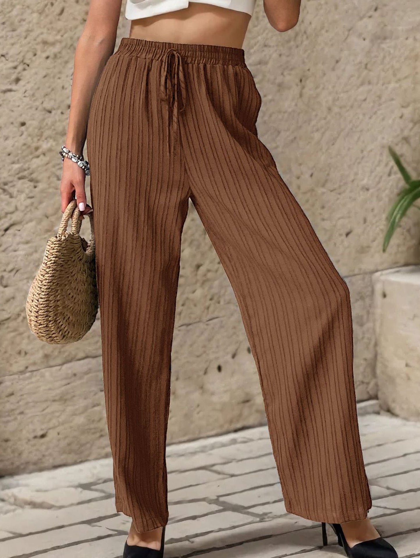 Simple high-waist loose pleated wide-leg pants