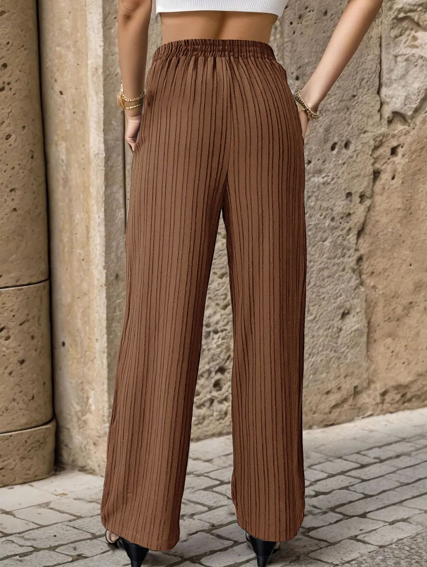 Simple high-waist loose pleated wide-leg pants