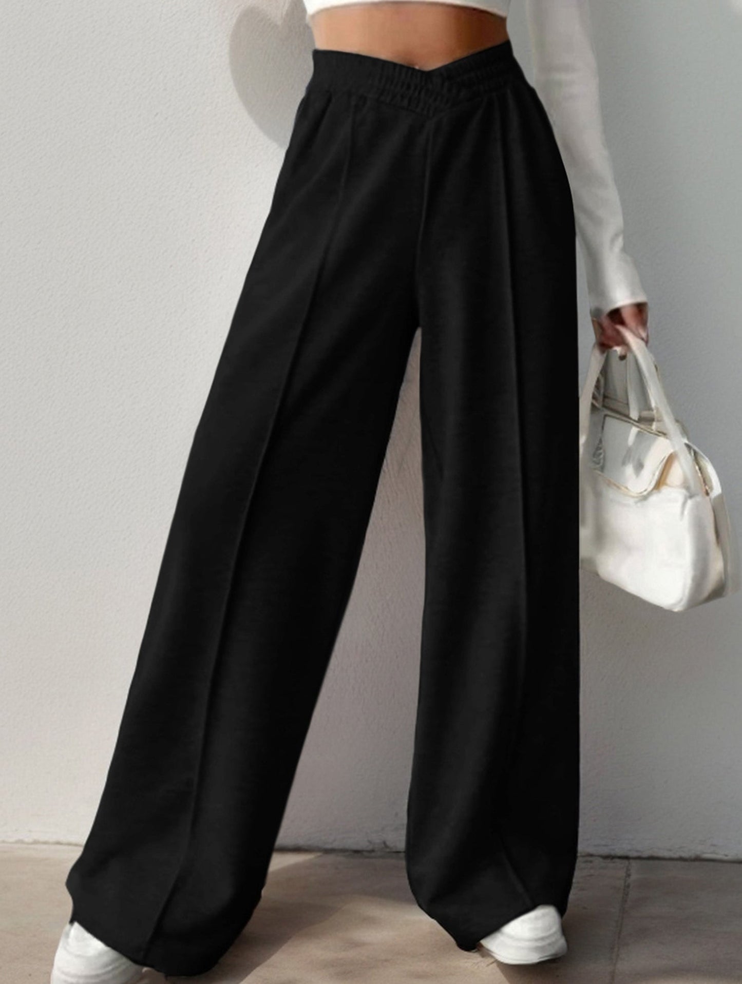 High-waisted solid color wide-leg casual pants