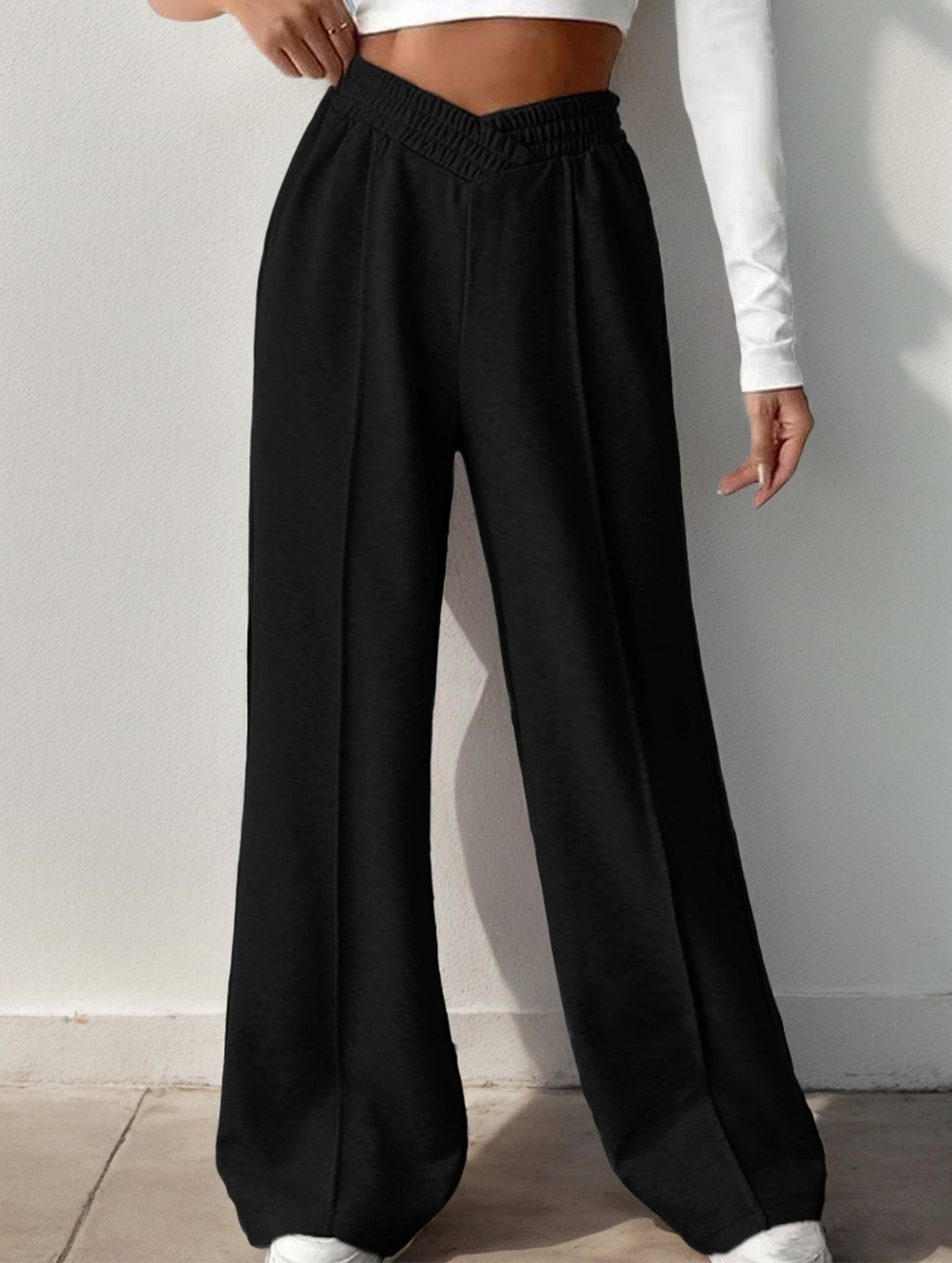 High-waisted solid color wide-leg casual pants