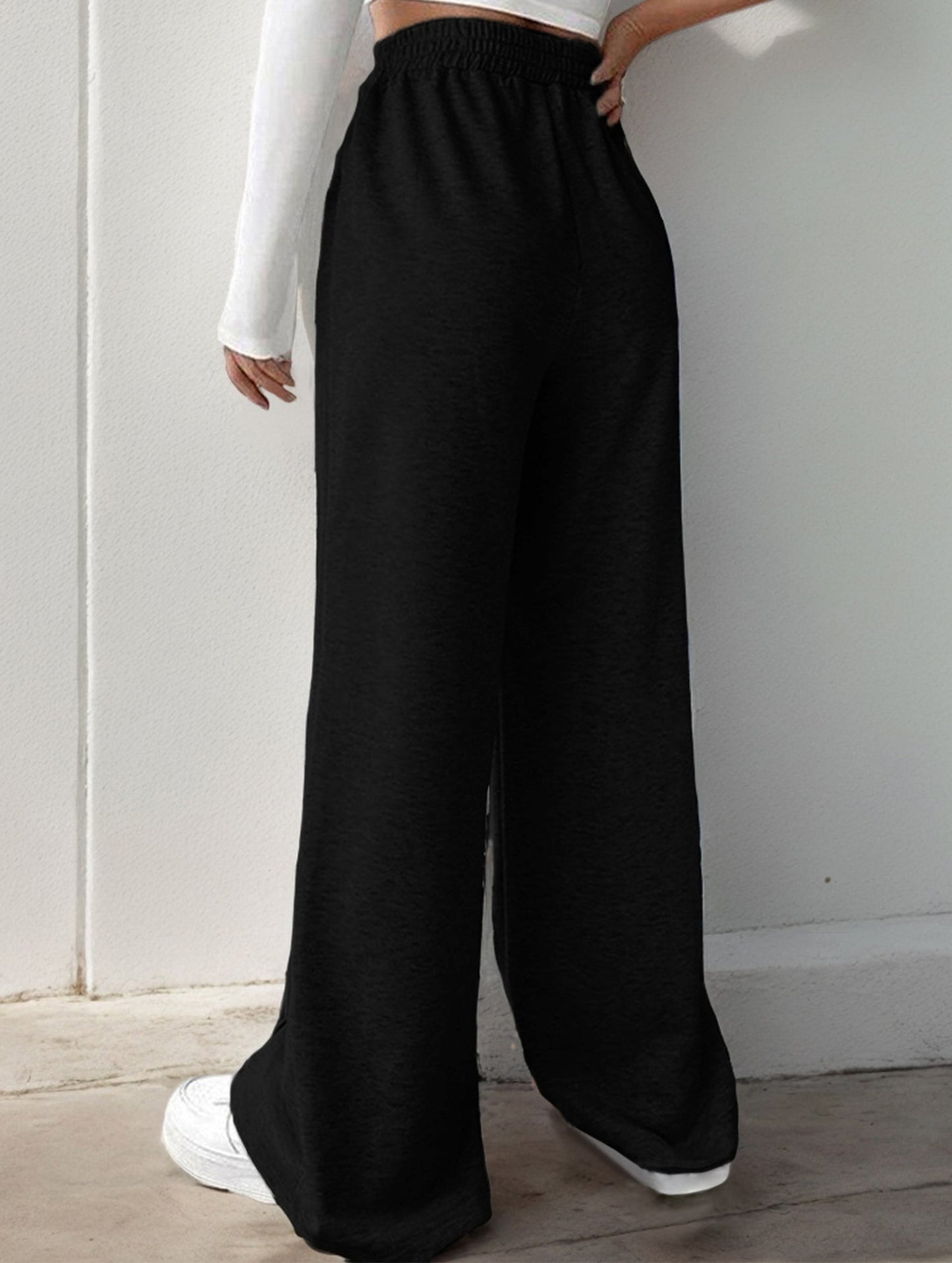 High-waisted solid color wide-leg casual pants