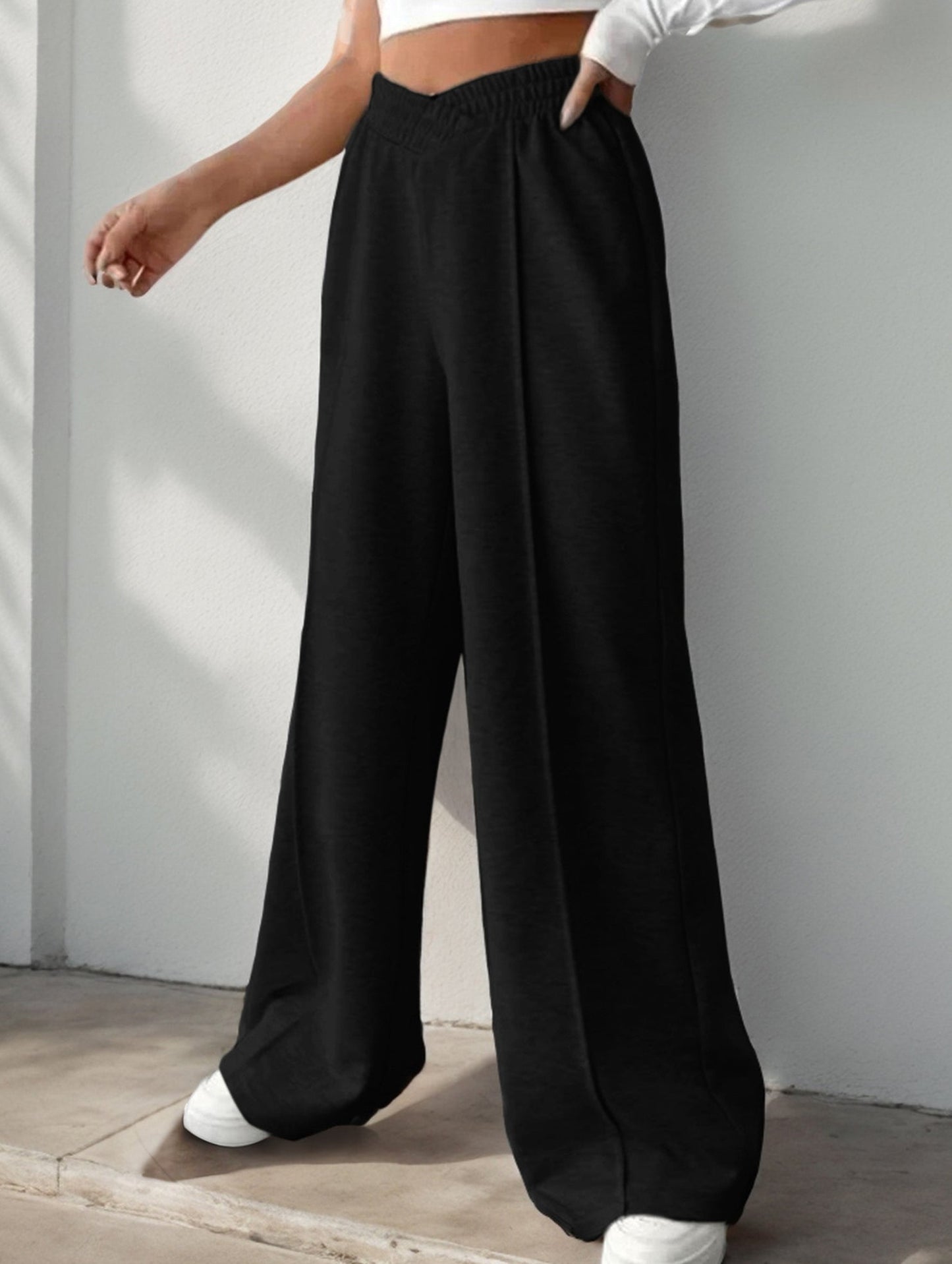 High-waisted solid color wide-leg casual pants