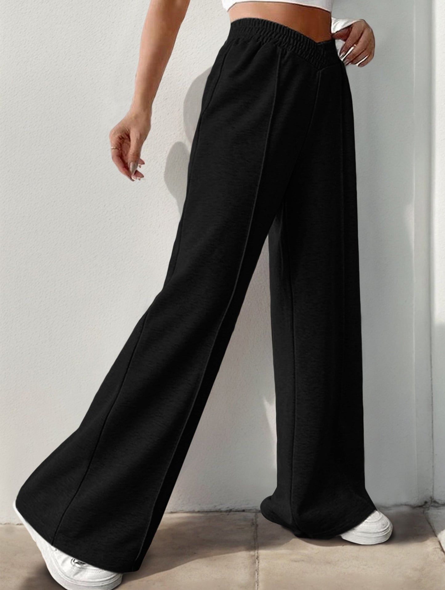 High-waisted solid color wide-leg casual pants