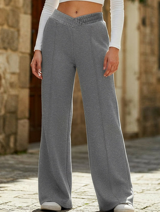 High-waisted solid color wide-leg casual pants