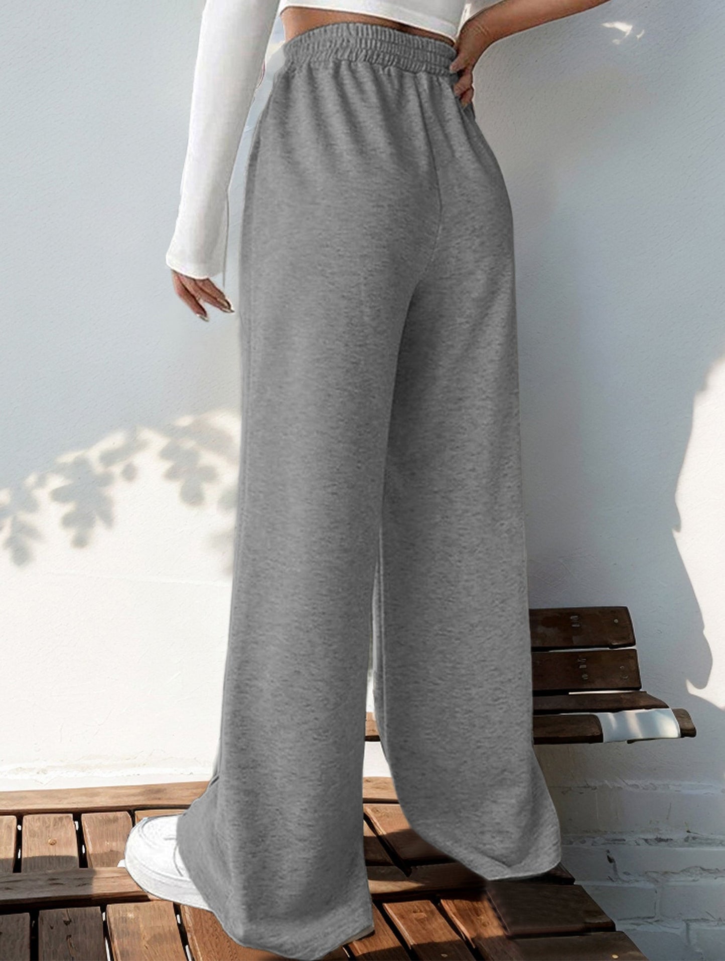 High-waisted solid color wide-leg casual pants