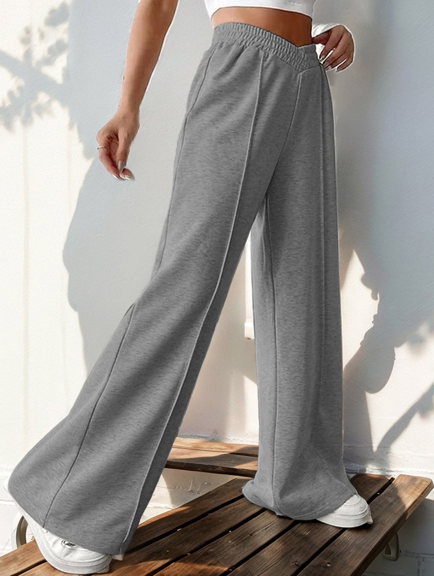 High-waisted solid color wide-leg casual pants