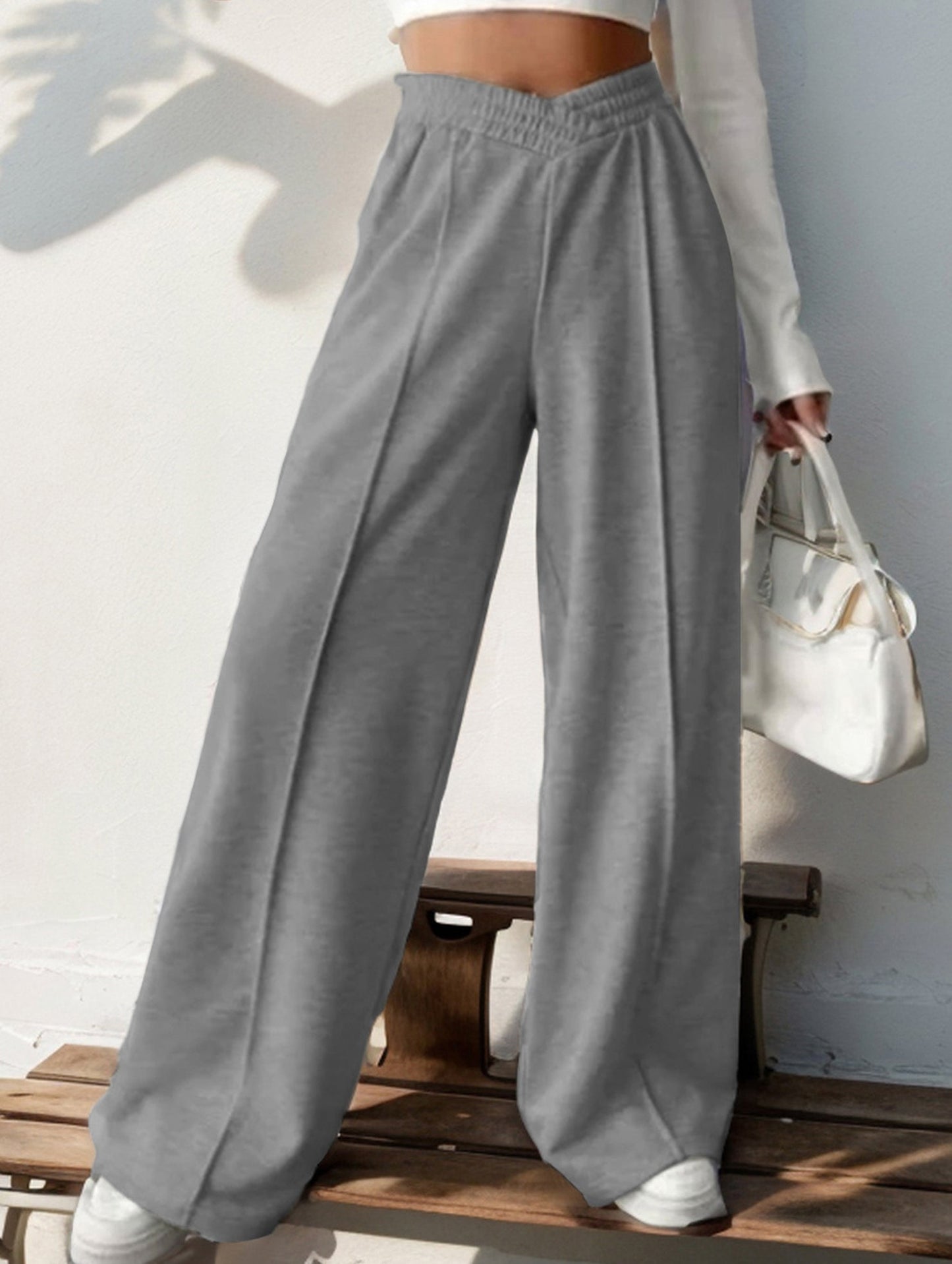 High-waisted solid color wide-leg casual pants