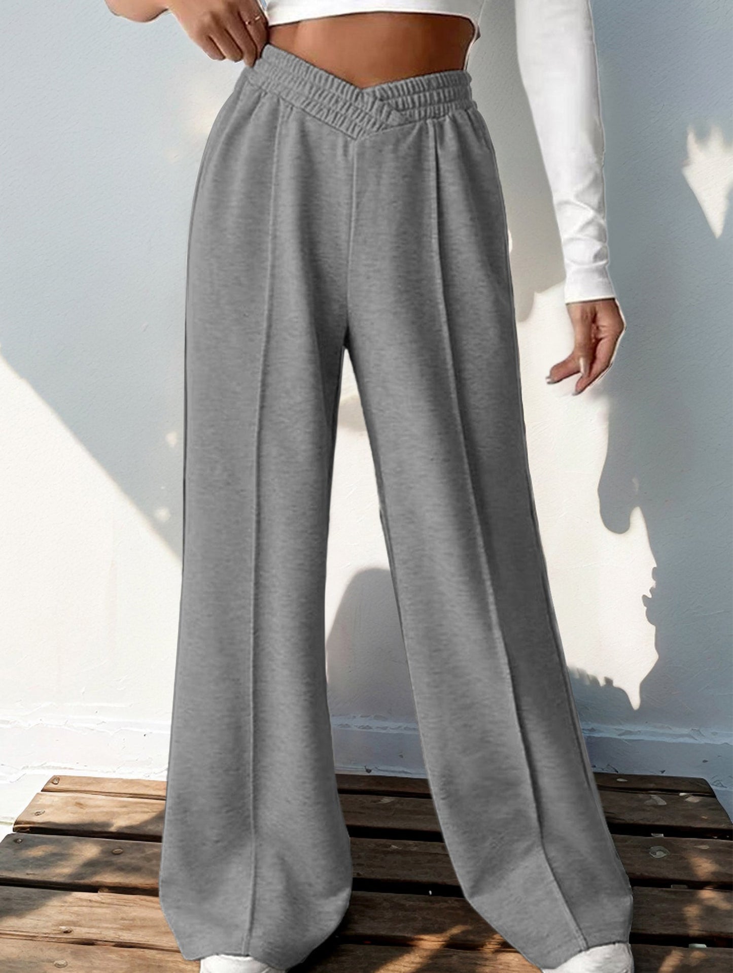 High-waisted solid color wide-leg casual pants