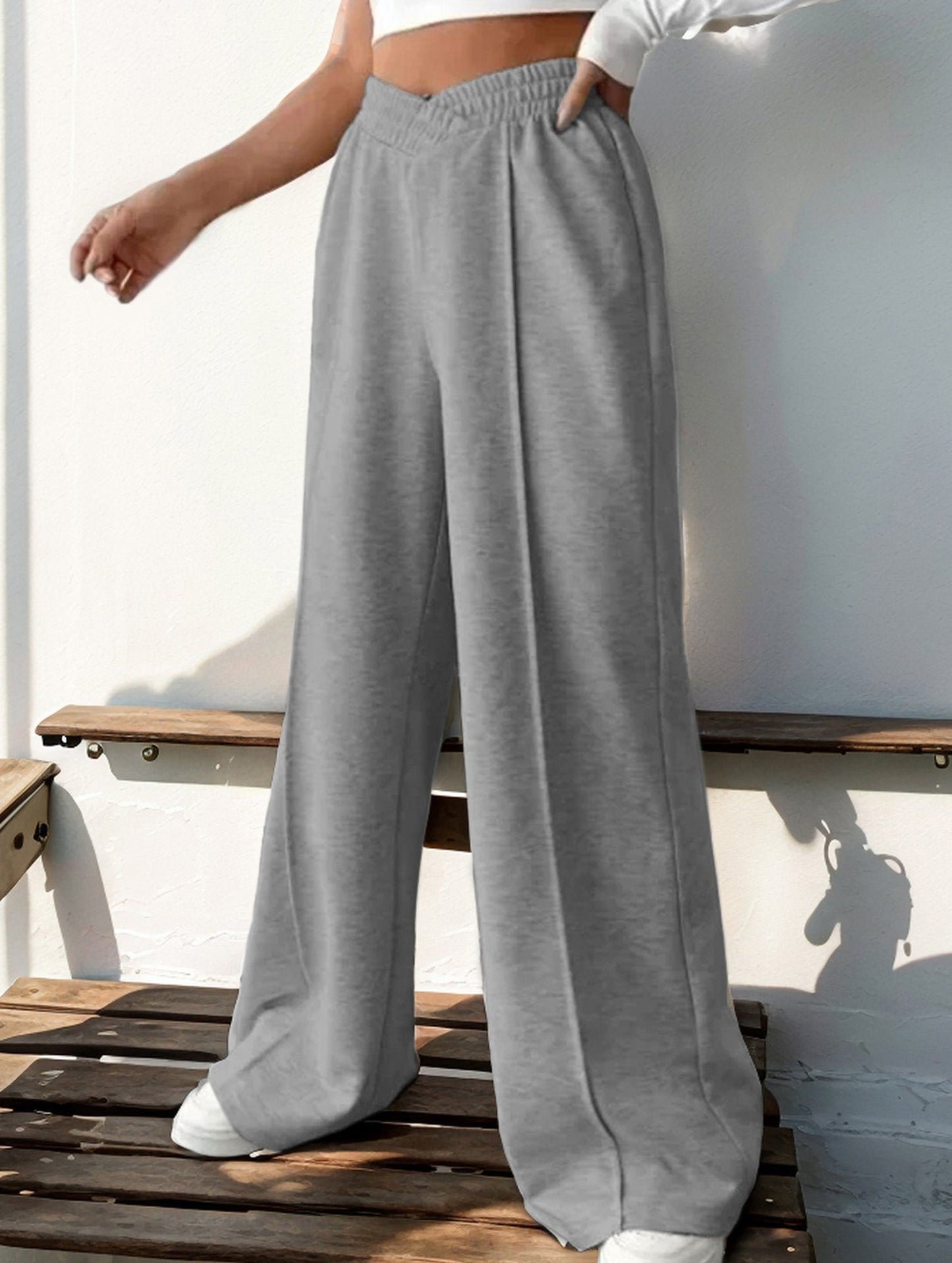 High-waisted solid color wide-leg casual pants