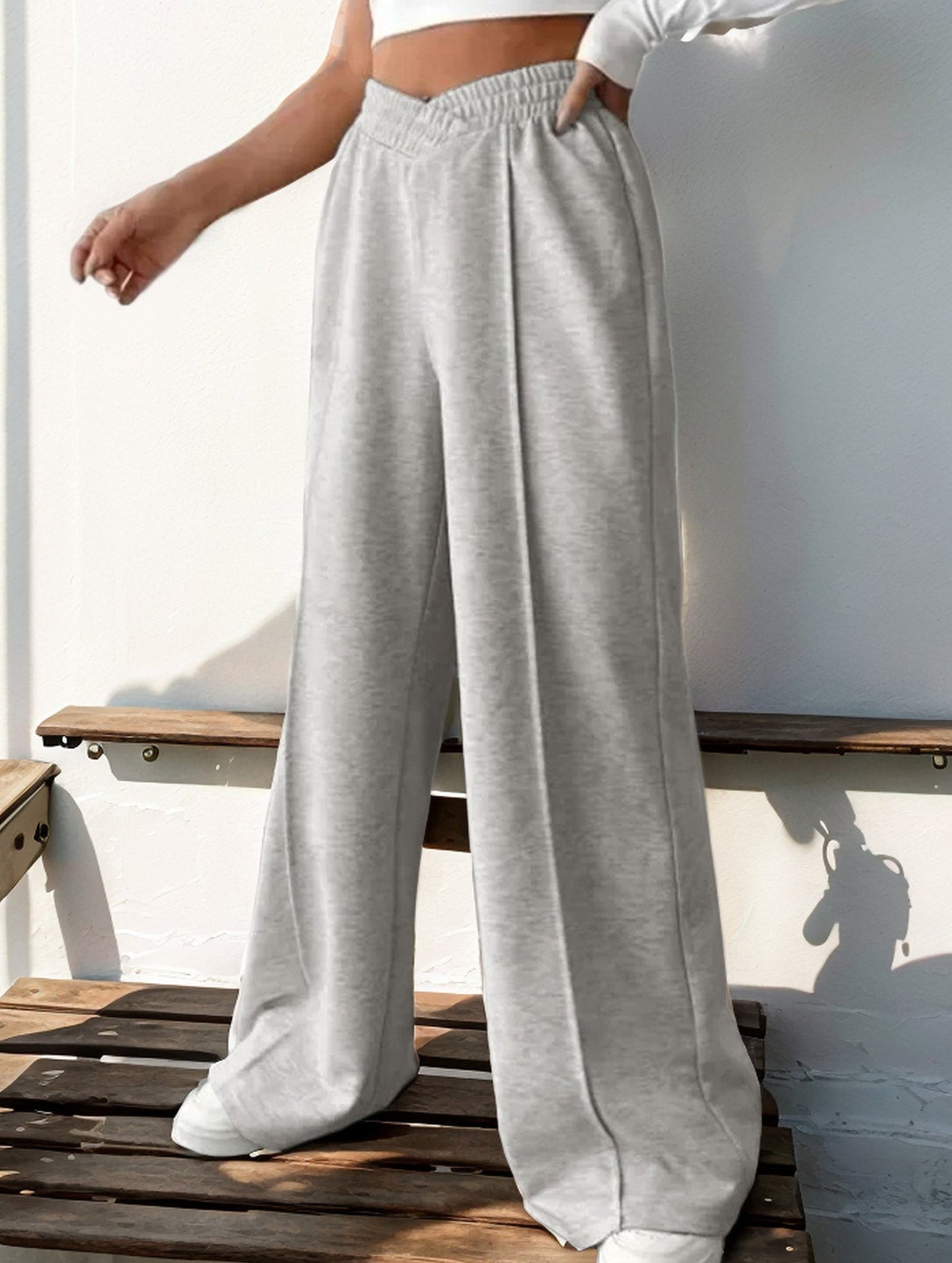 High-waisted solid color wide-leg casual pants