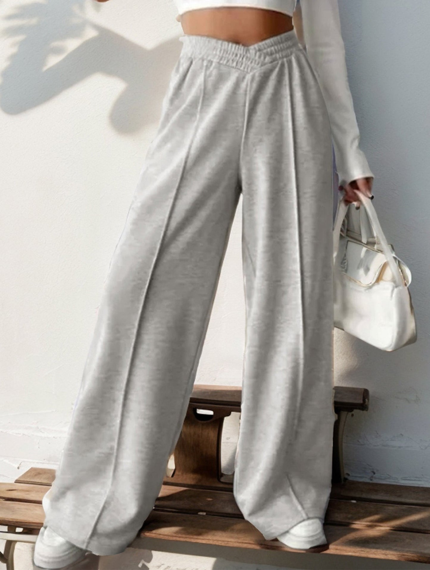High-waisted solid color wide-leg casual pants