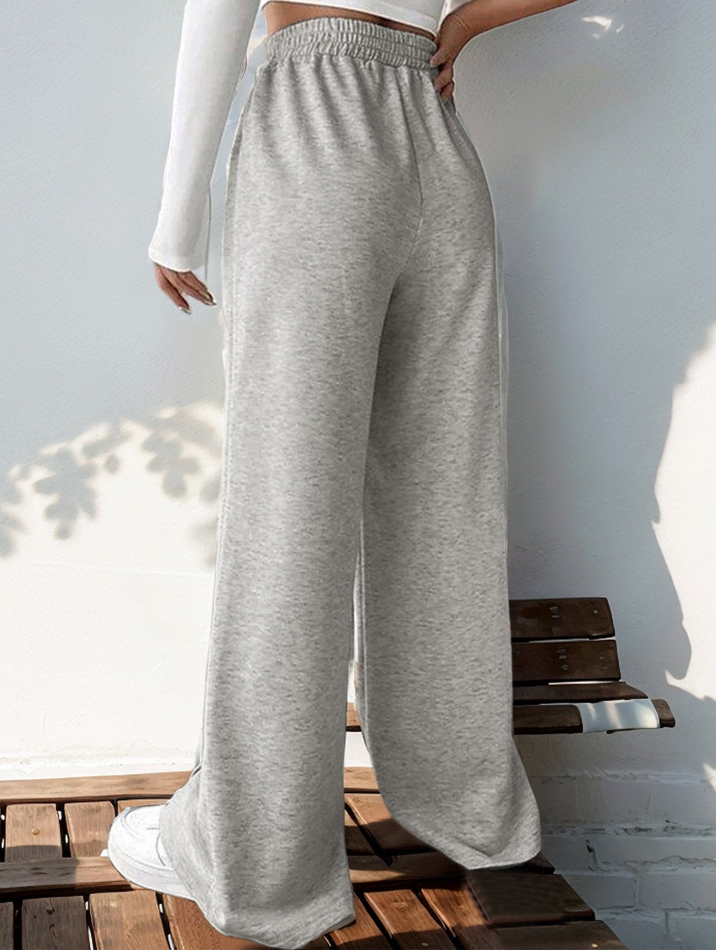 High-waisted solid color wide-leg casual pants