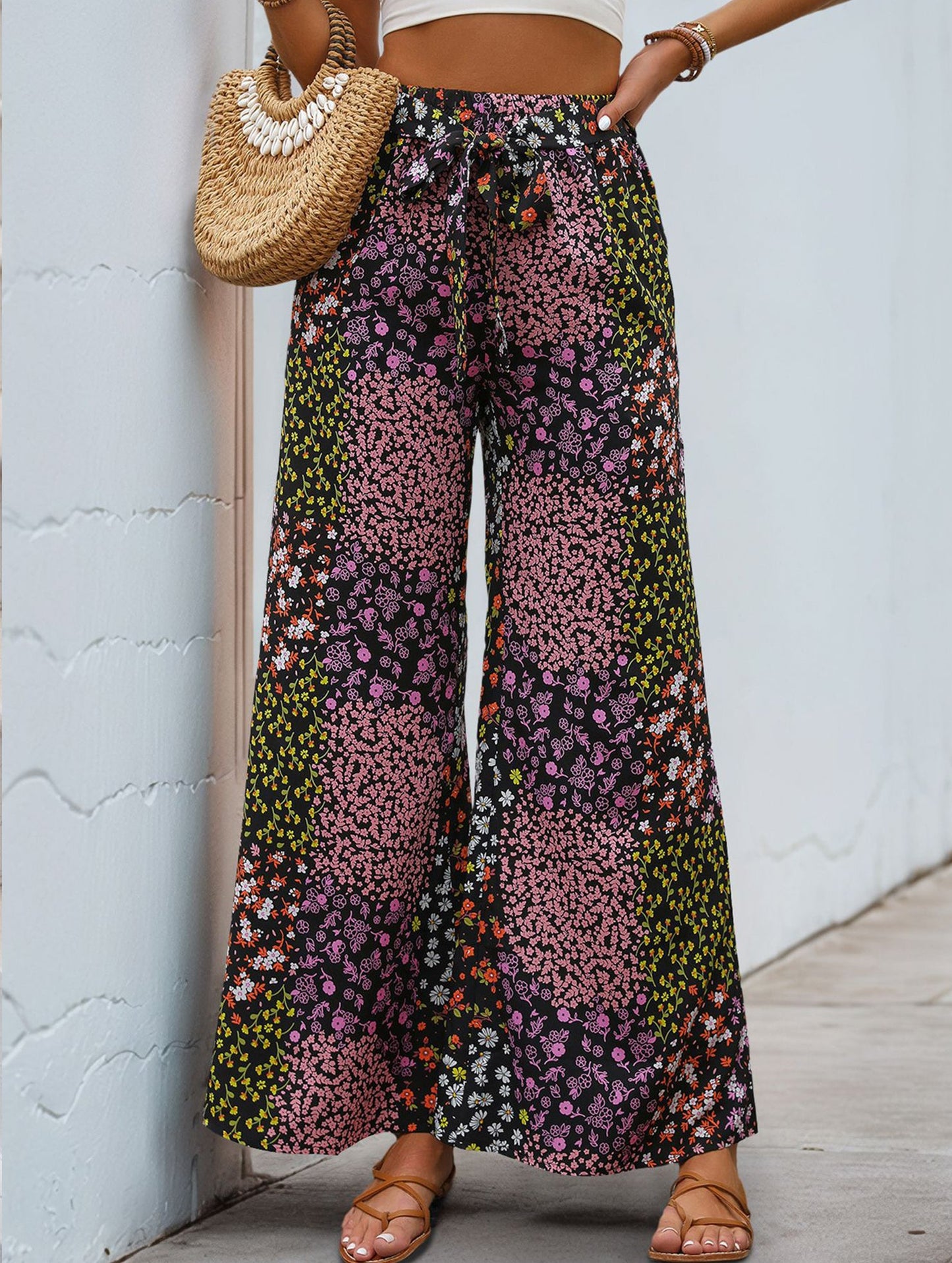 Lace-up leopard print high-waist wide-leg pants