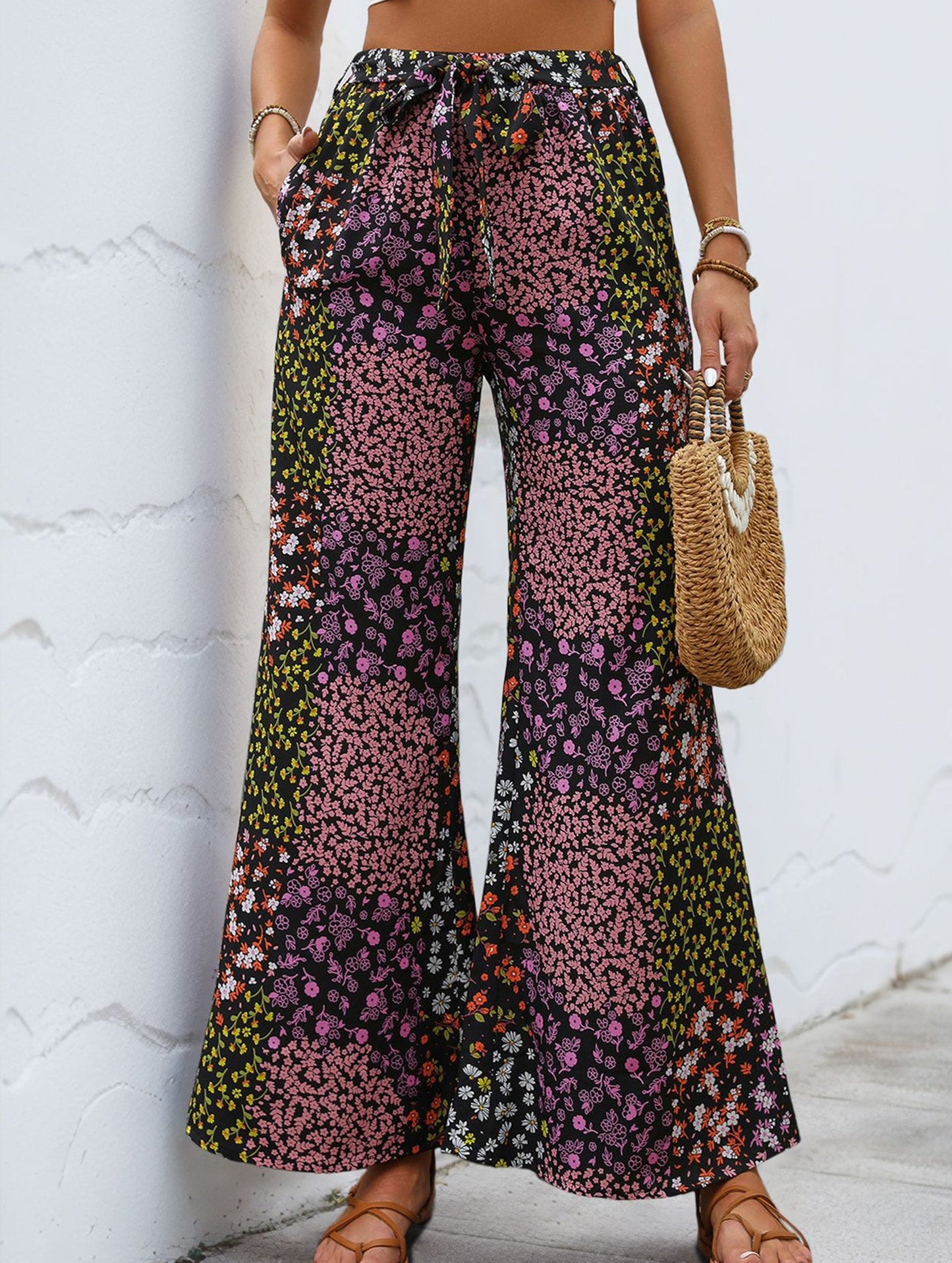 Lace-up leopard print high-waist wide-leg pants
