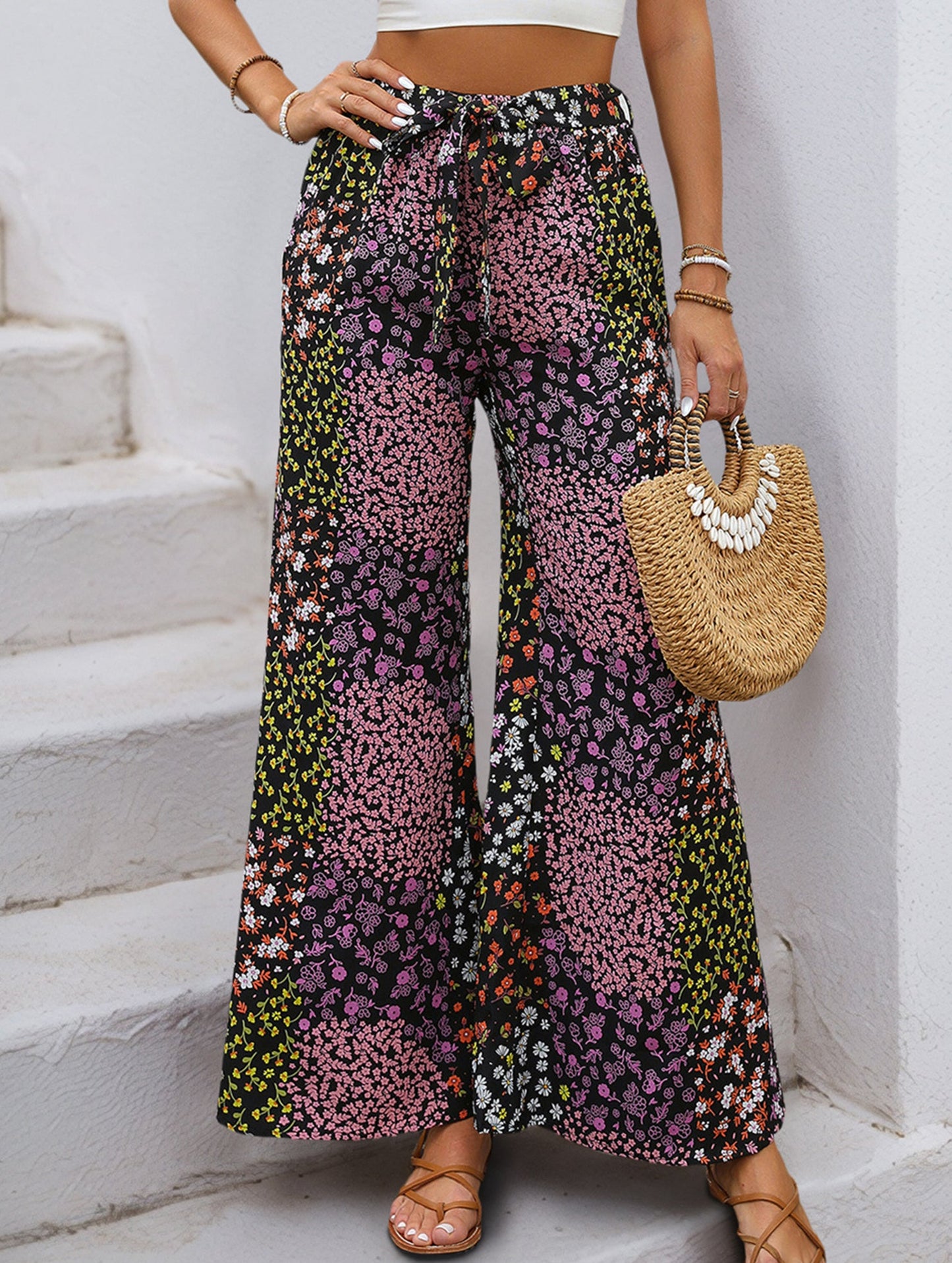 Lace-up leopard print high-waist wide-leg pants