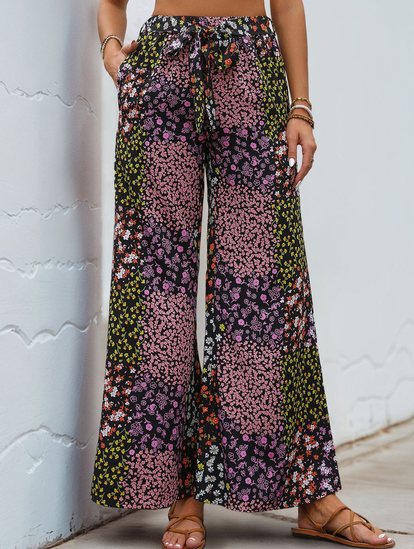 Lace-up leopard print high-waist wide-leg pants