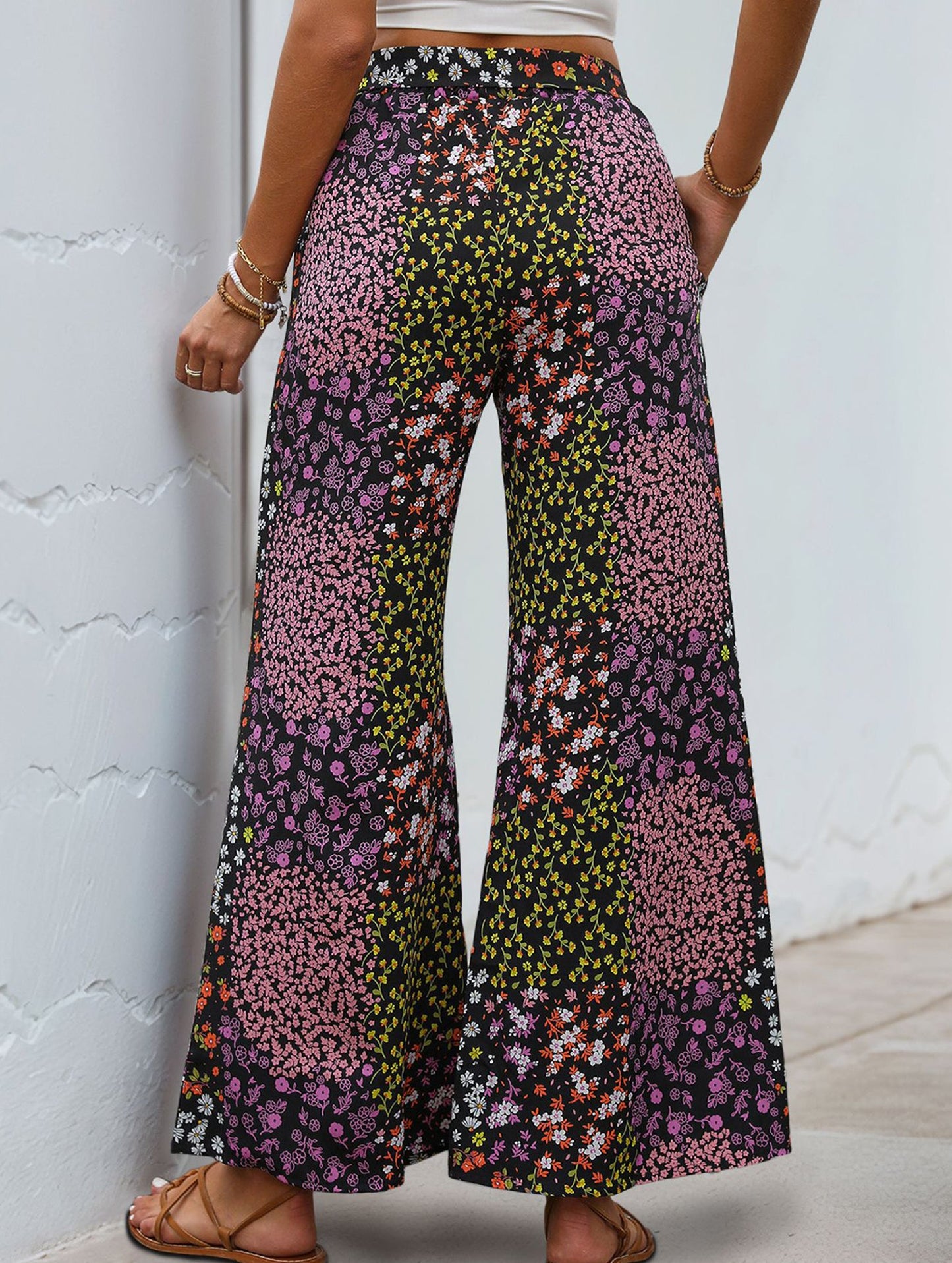 Lace-up leopard print high-waist wide-leg pants