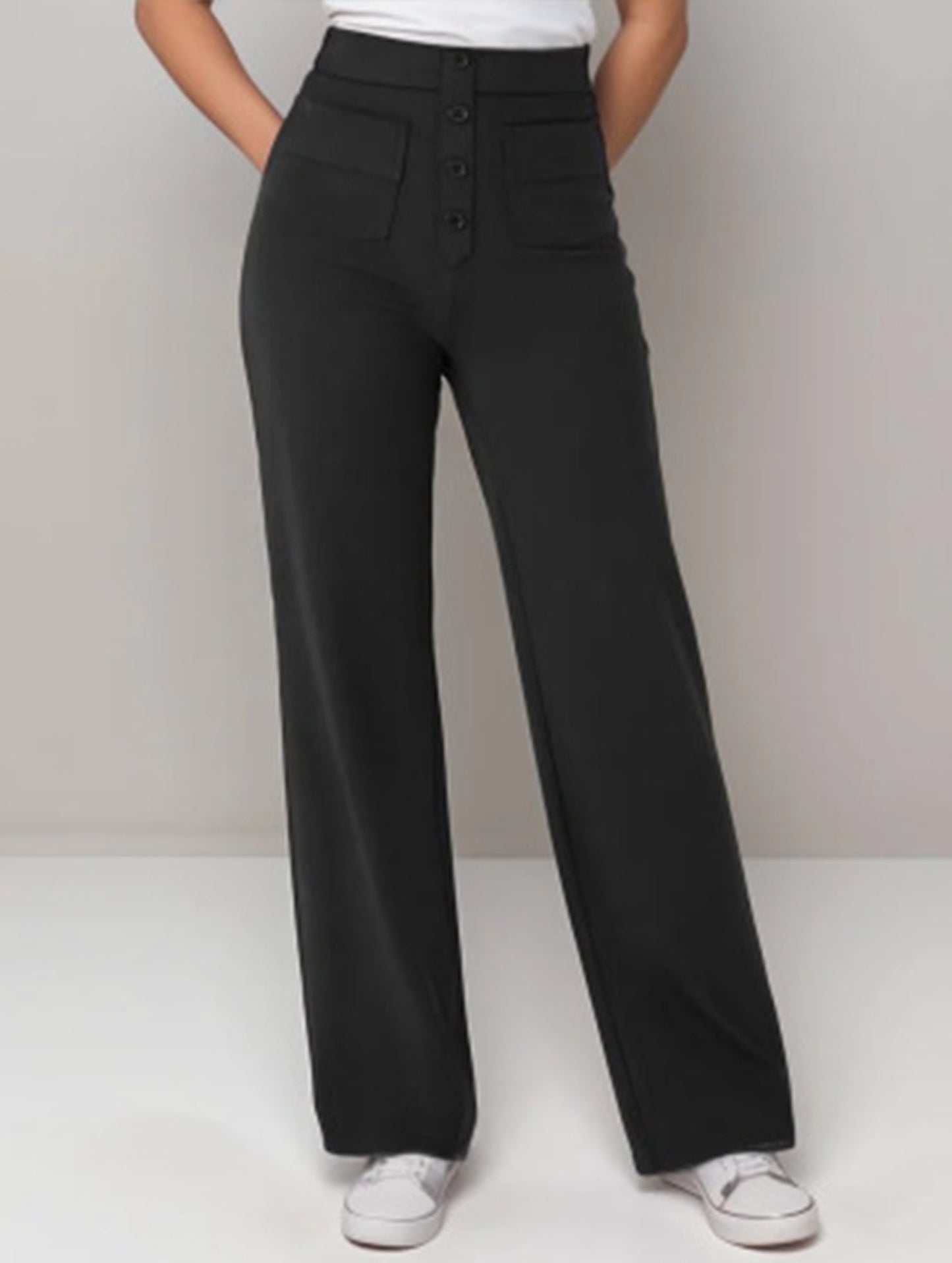 High-waisted buttoned casual straight-leg pants