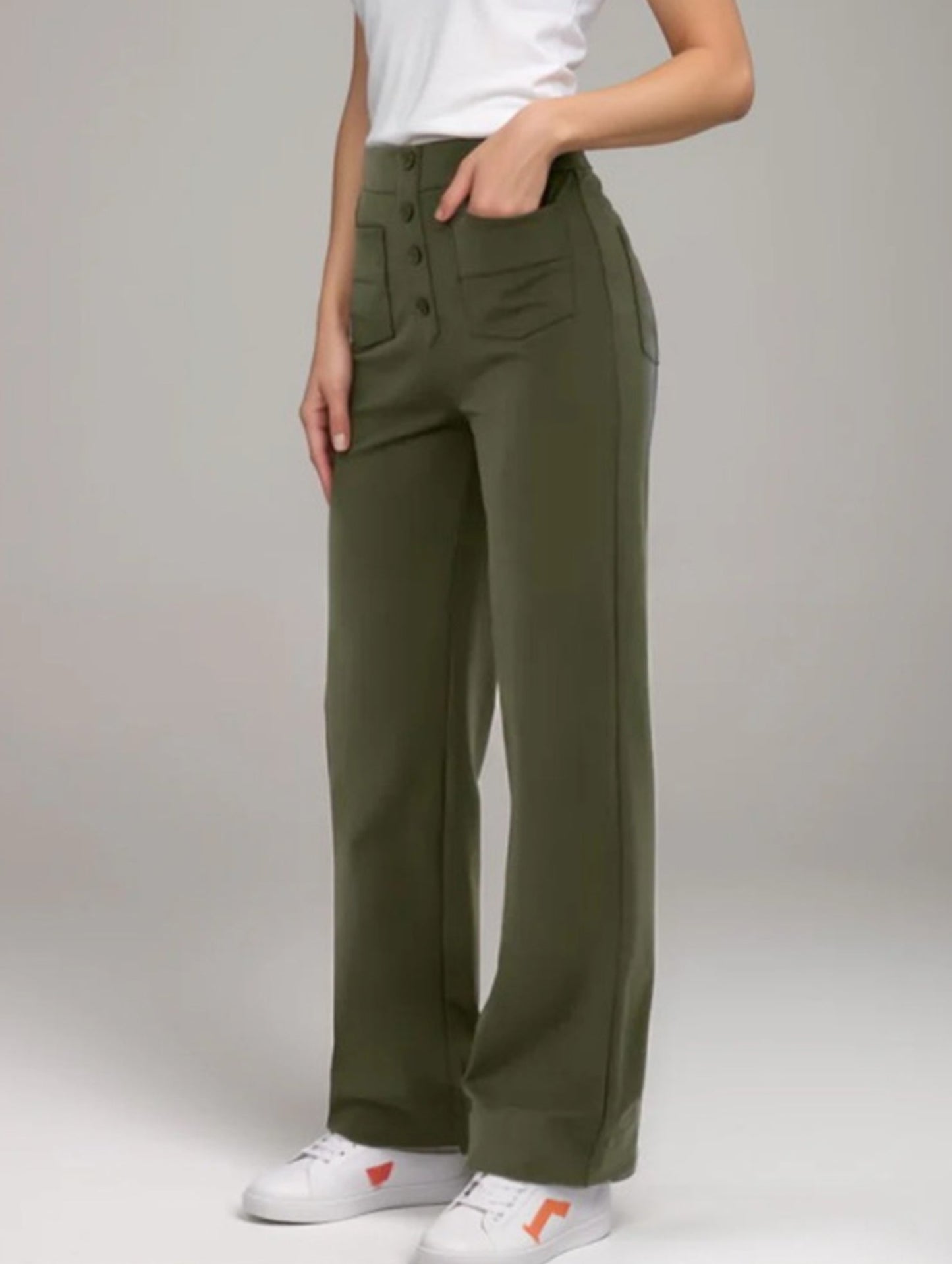 High-waisted buttoned casual straight-leg pants