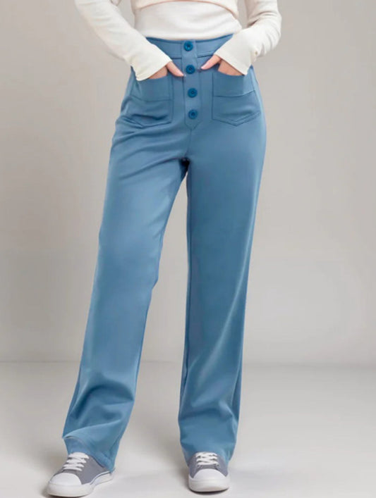 High-waisted buttoned casual straight-leg pants