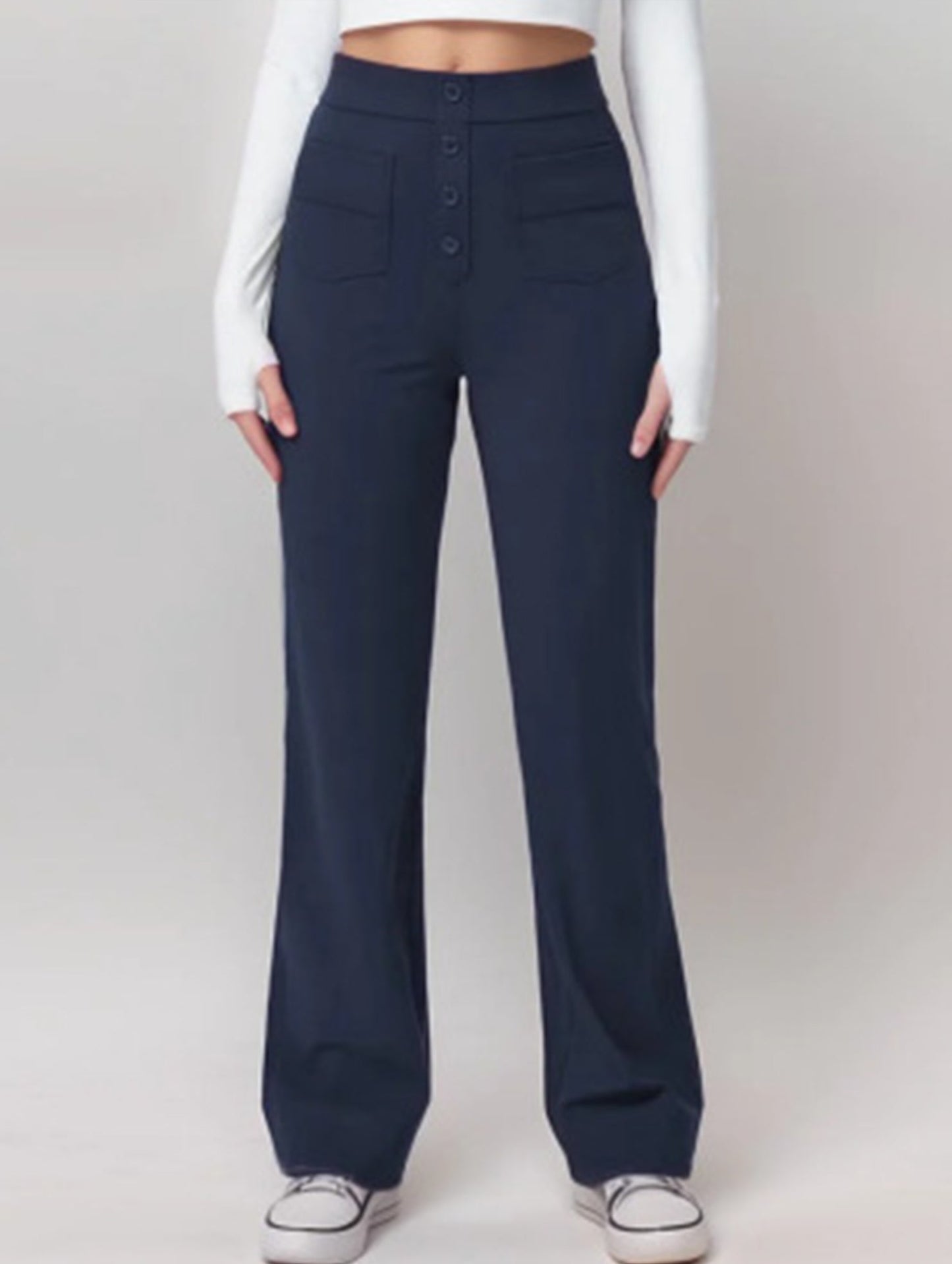 High-waisted buttoned casual straight-leg pants