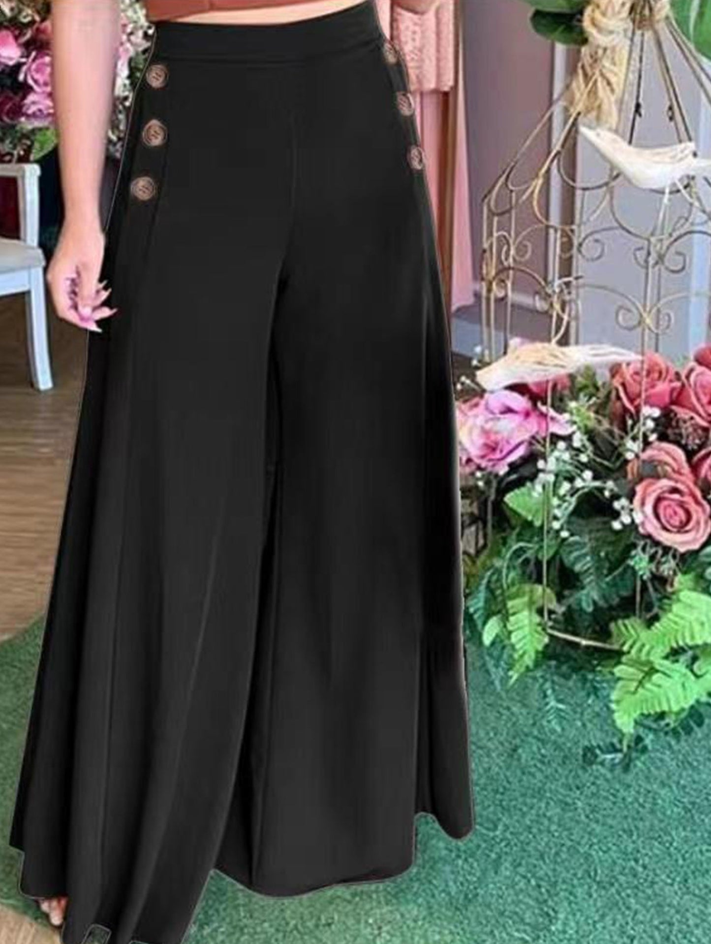 Button elastic high waist wide leg pants