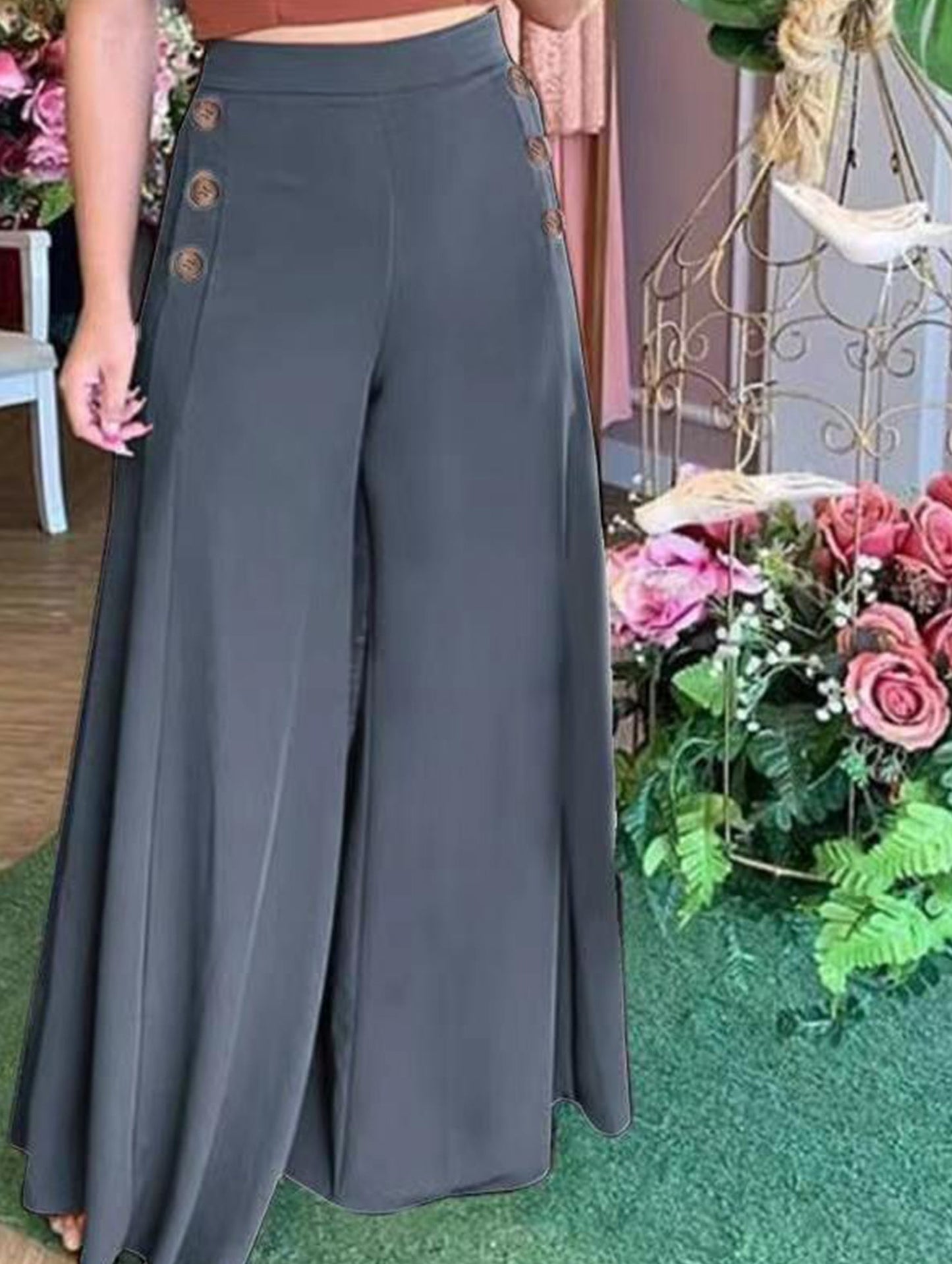 Button elastic high waist wide leg pants