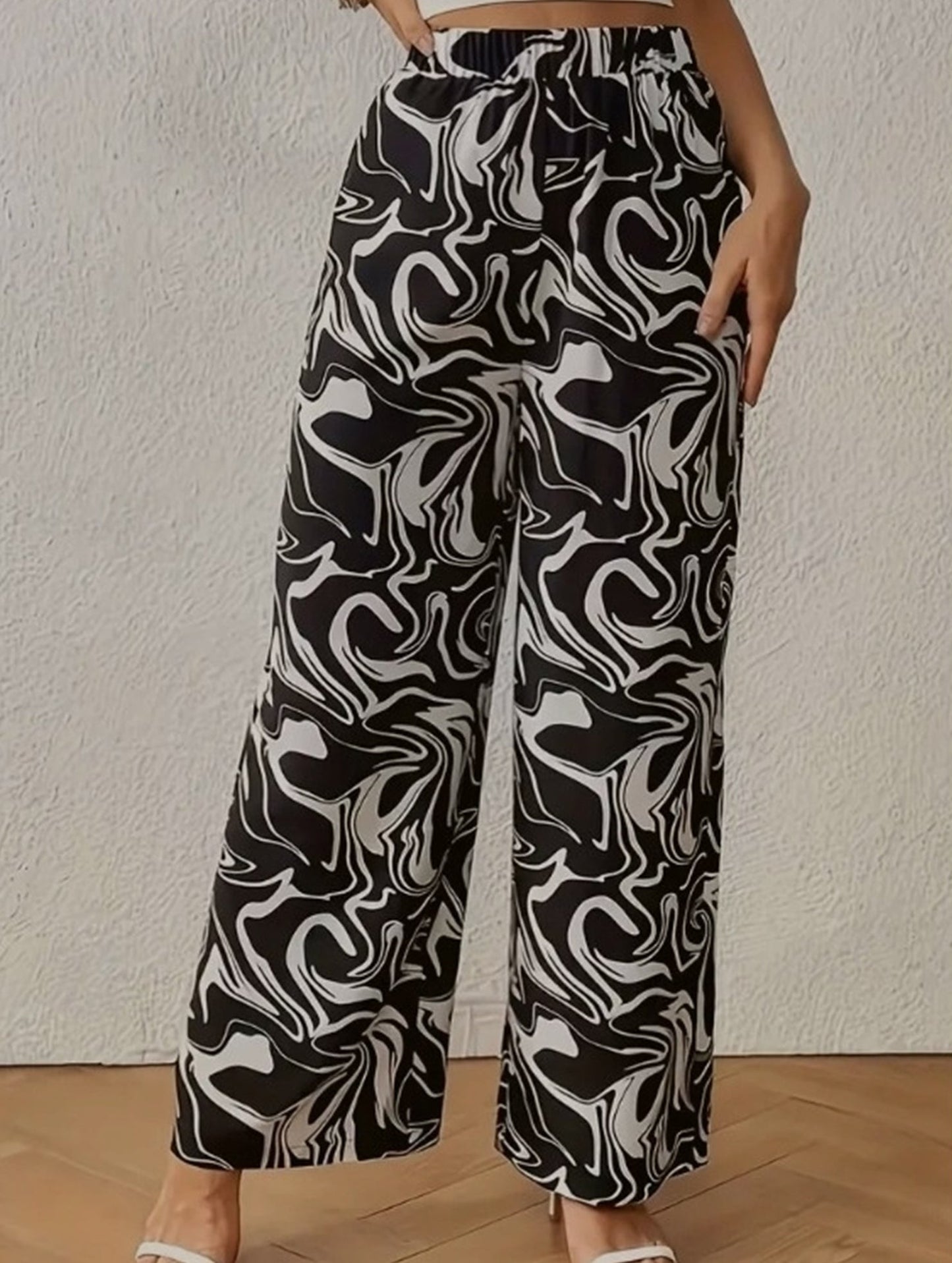 Drape casual printed straight-leg trousers