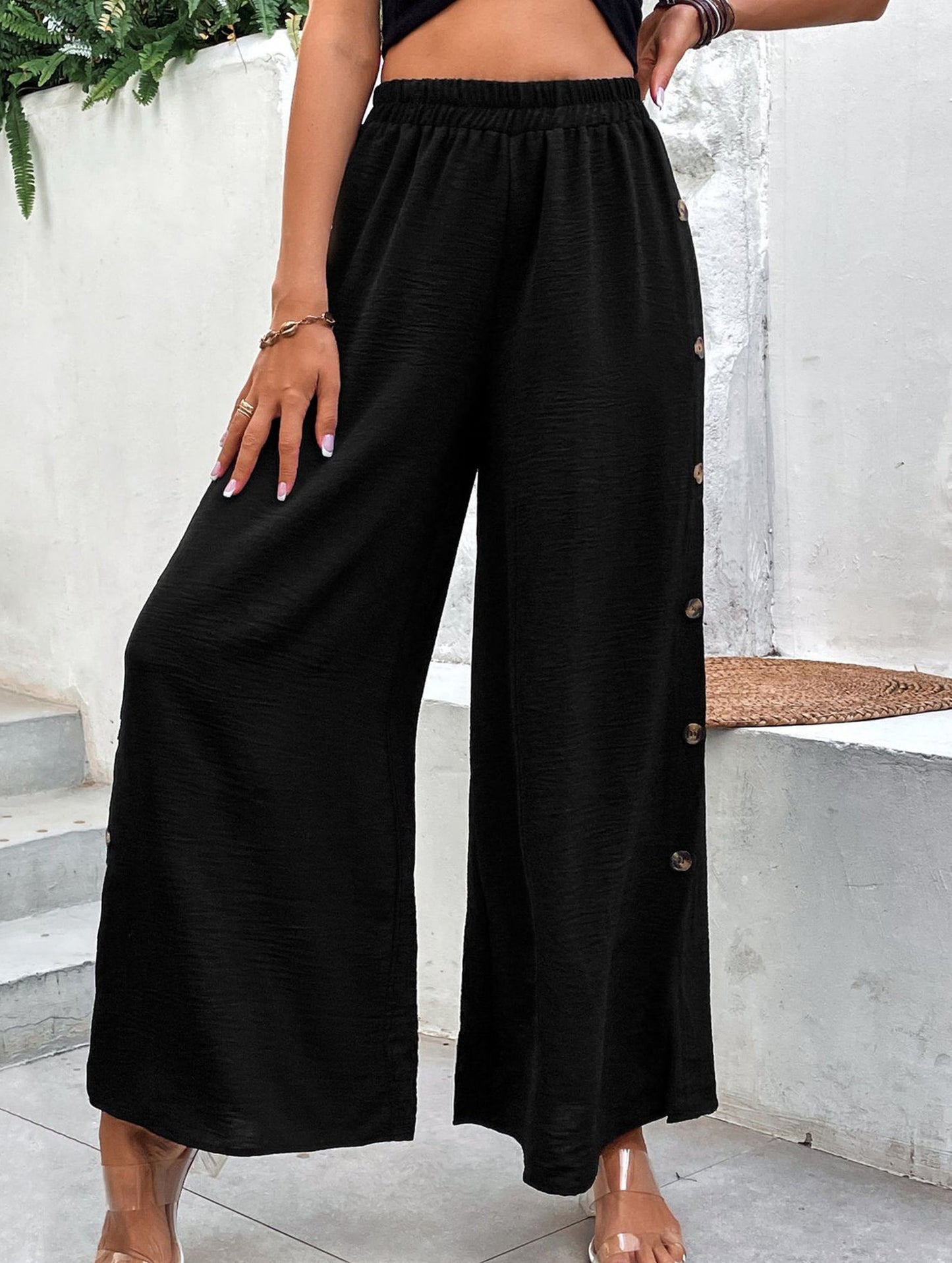 Simple high-waist button-down wide-leg pants