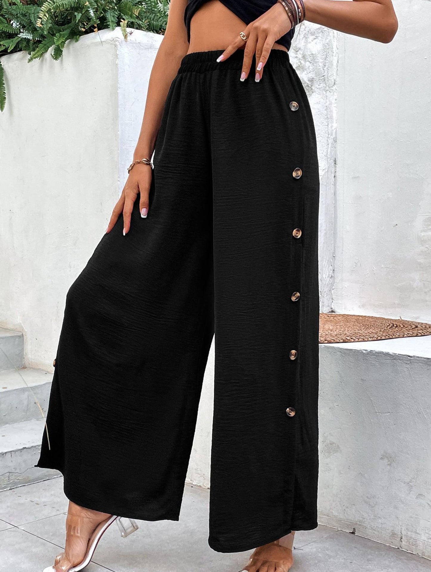Simple high-waist button-down wide-leg pants
