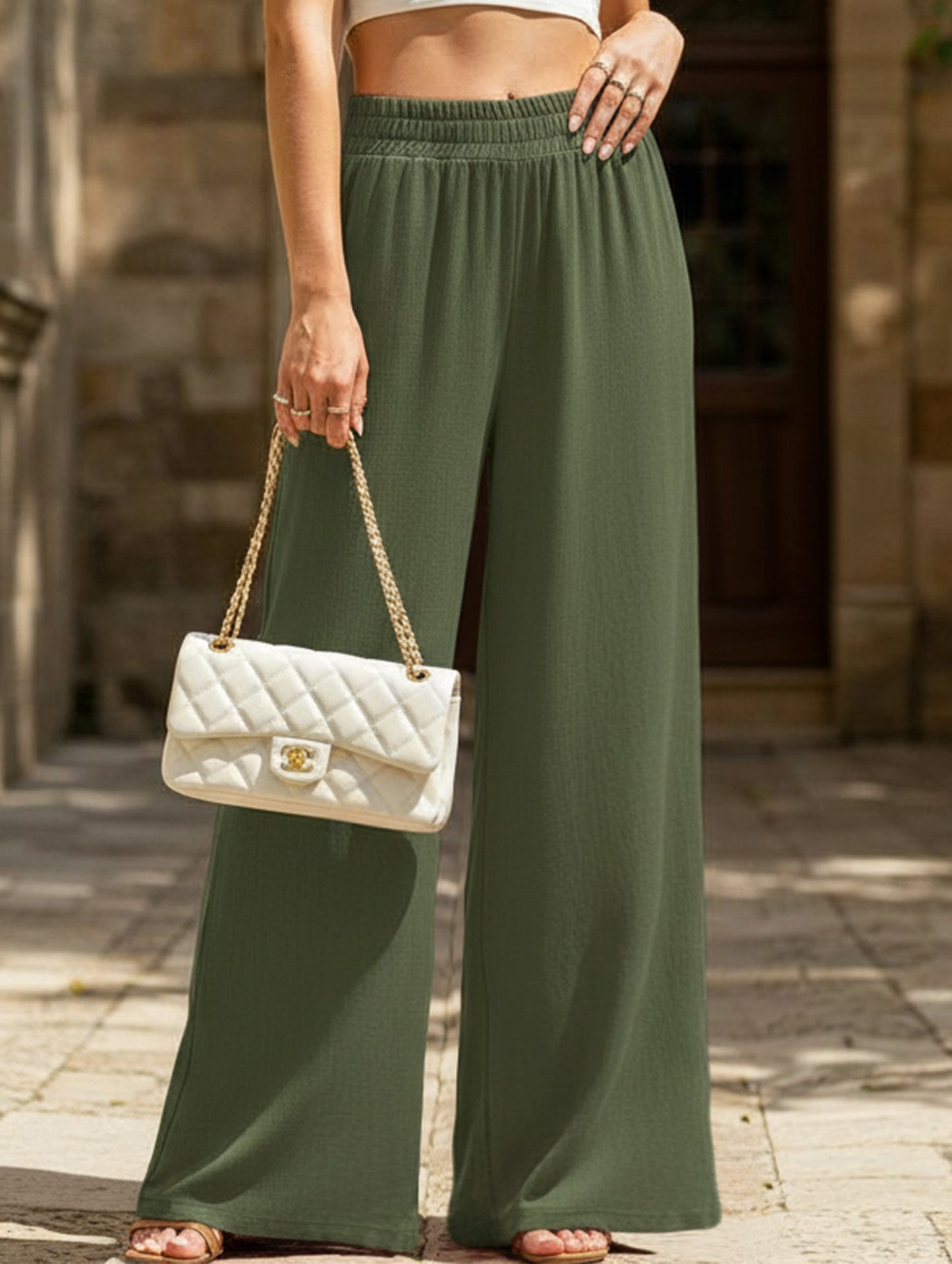 High-waisted elastic waist wide-leg pants