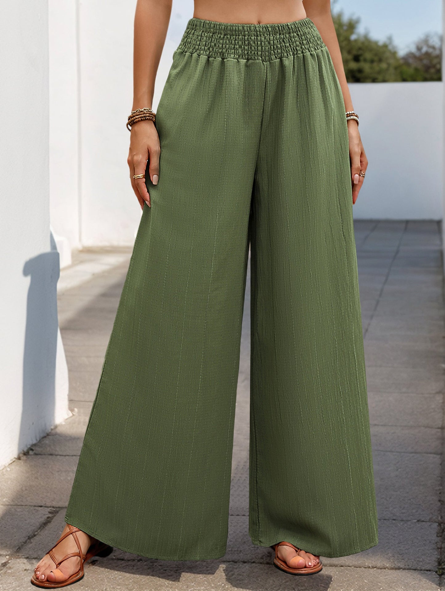 High-waisted elastic waist wide-leg pants
