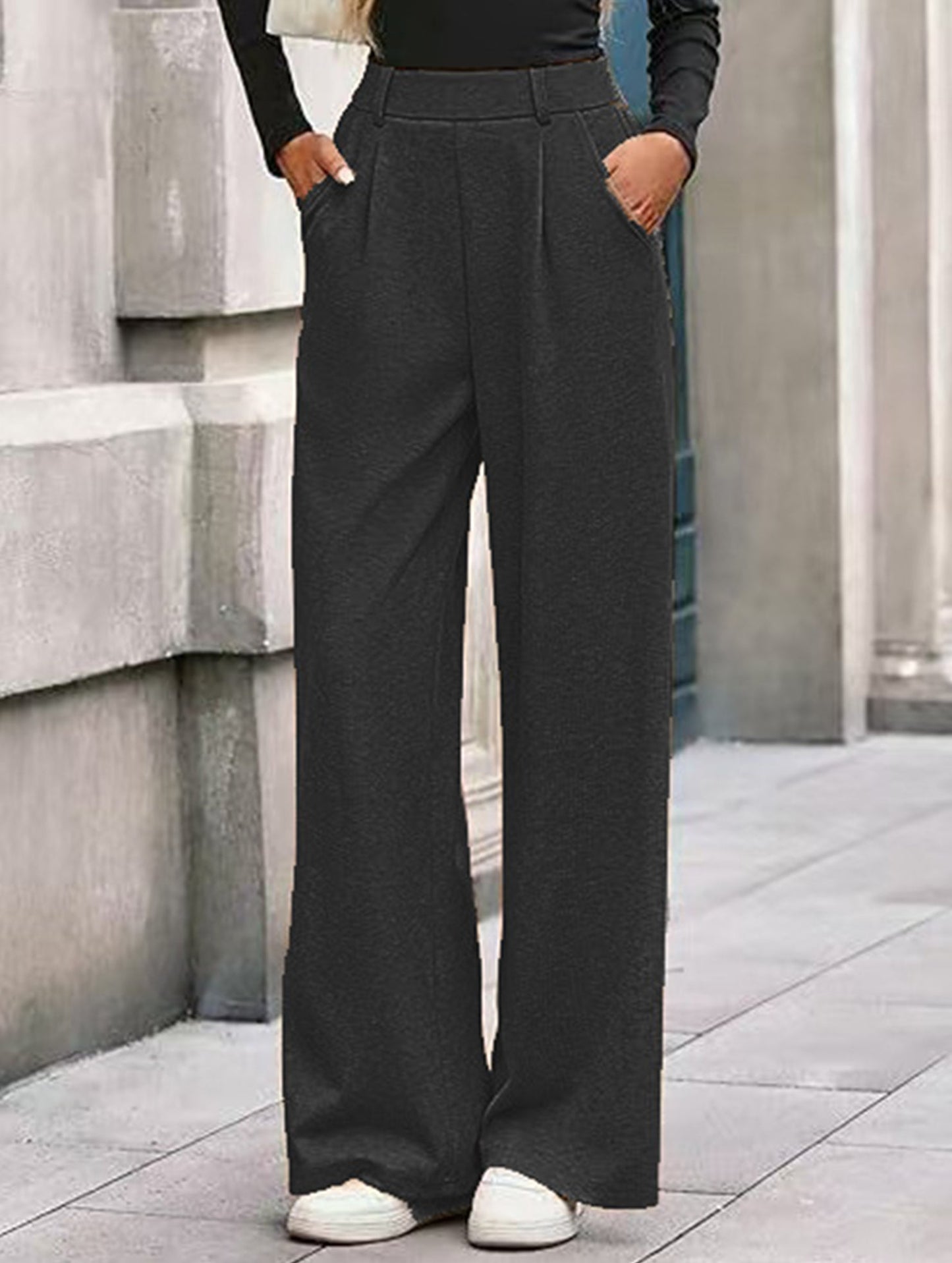 Versatile solid color straight wide-leg pants
