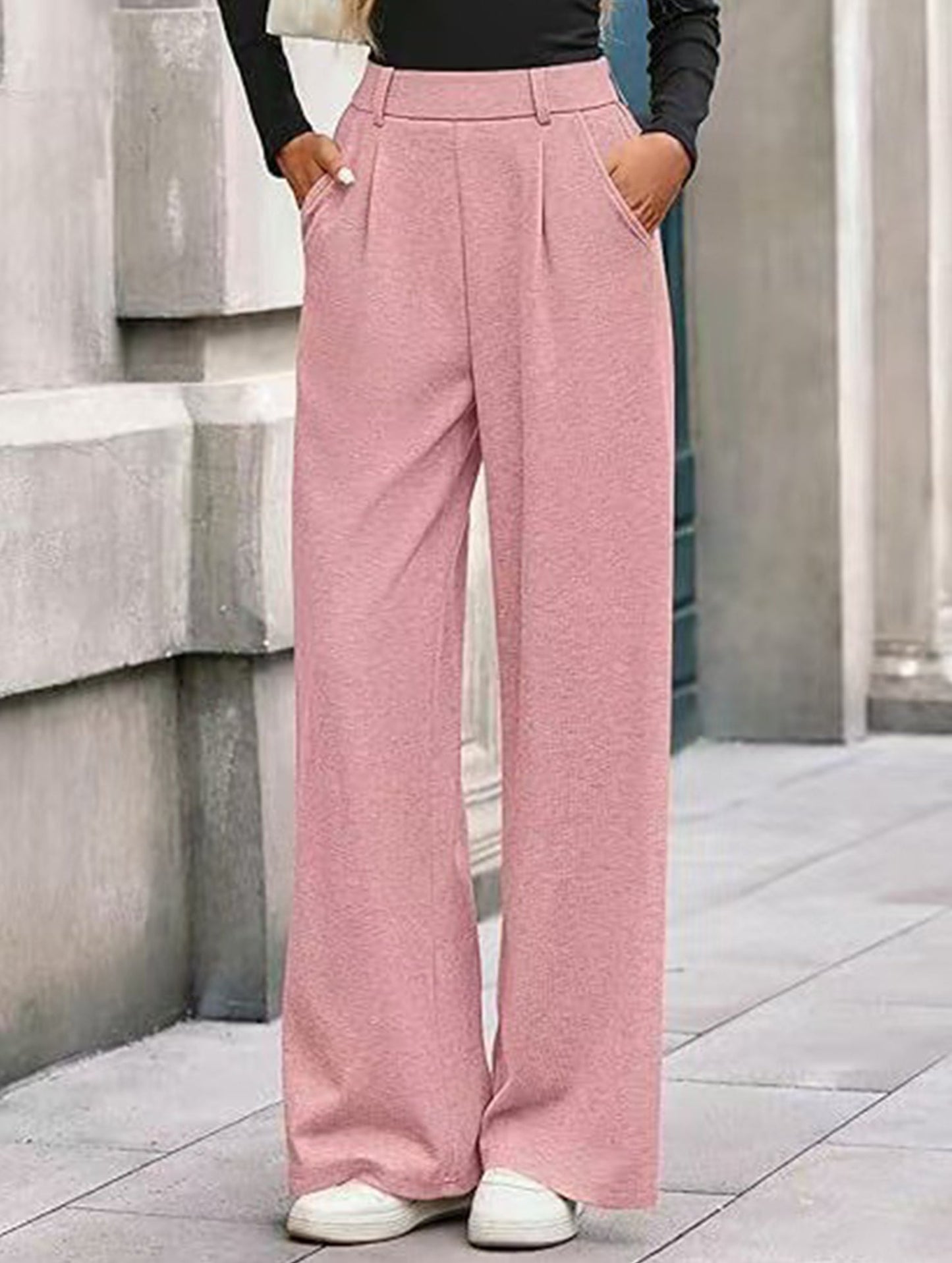 Versatile solid color straight wide-leg pants