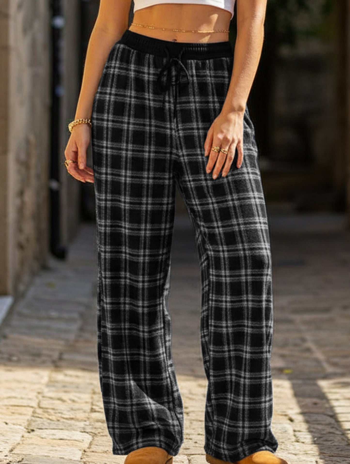 Plaid panel high waist sports straight pants