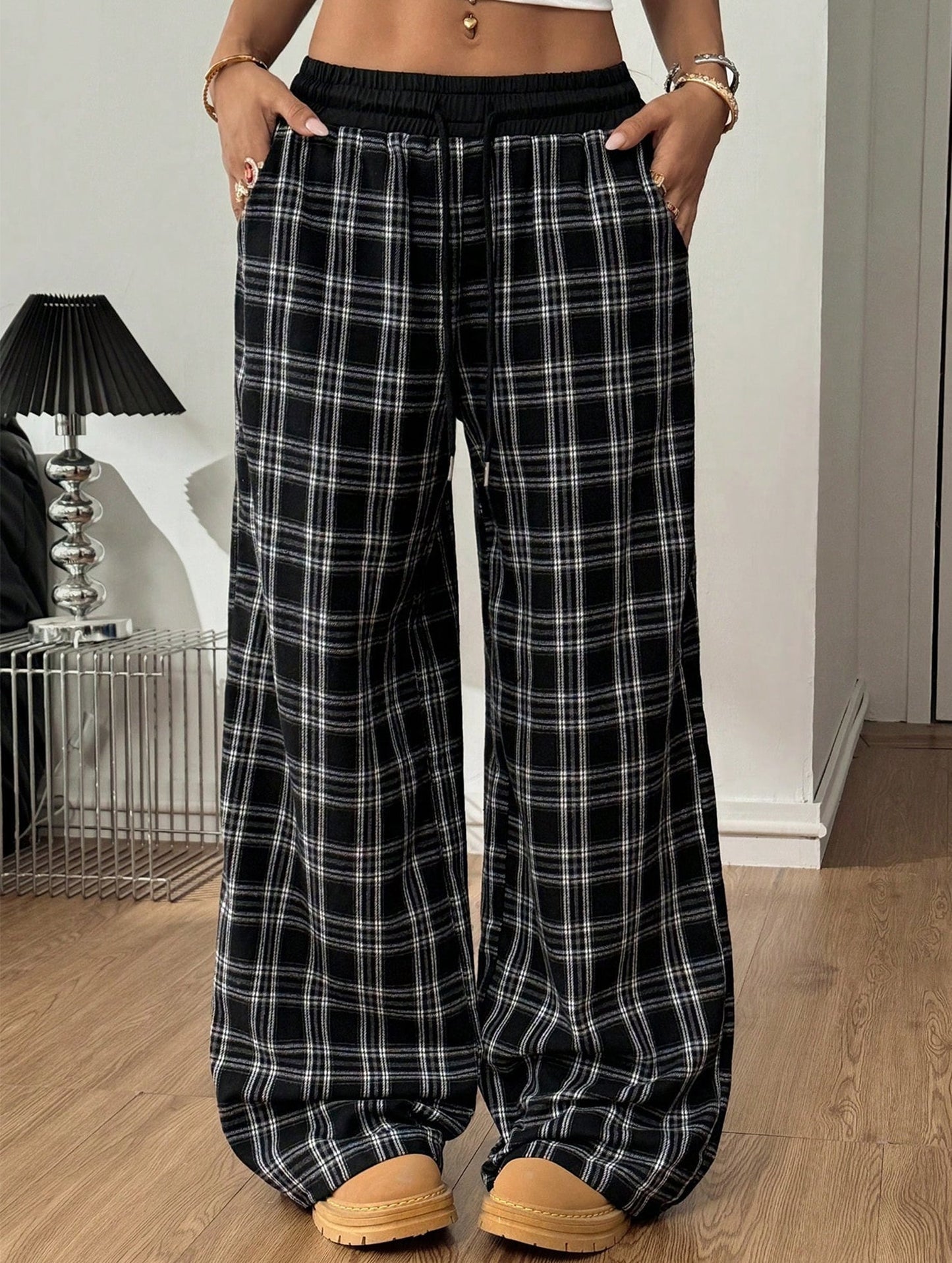 Plaid panel high waist sports straight pants