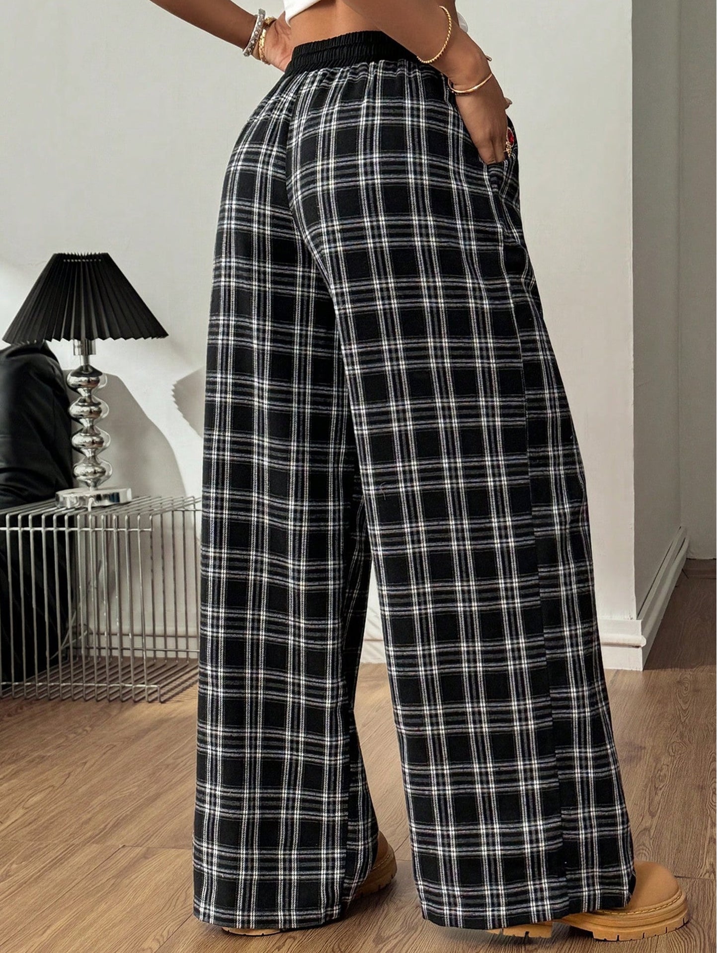 Plaid panel high waist sports straight pants