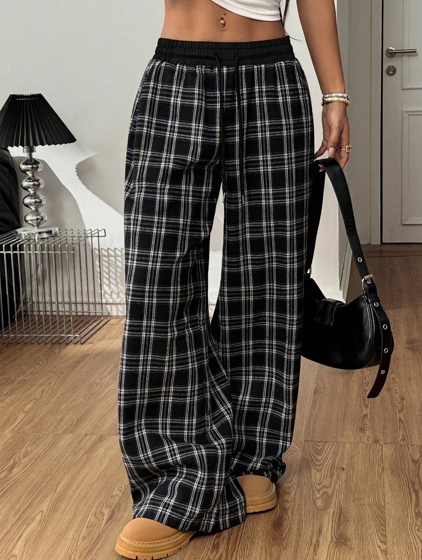 Plaid panel high waist sports straight pants