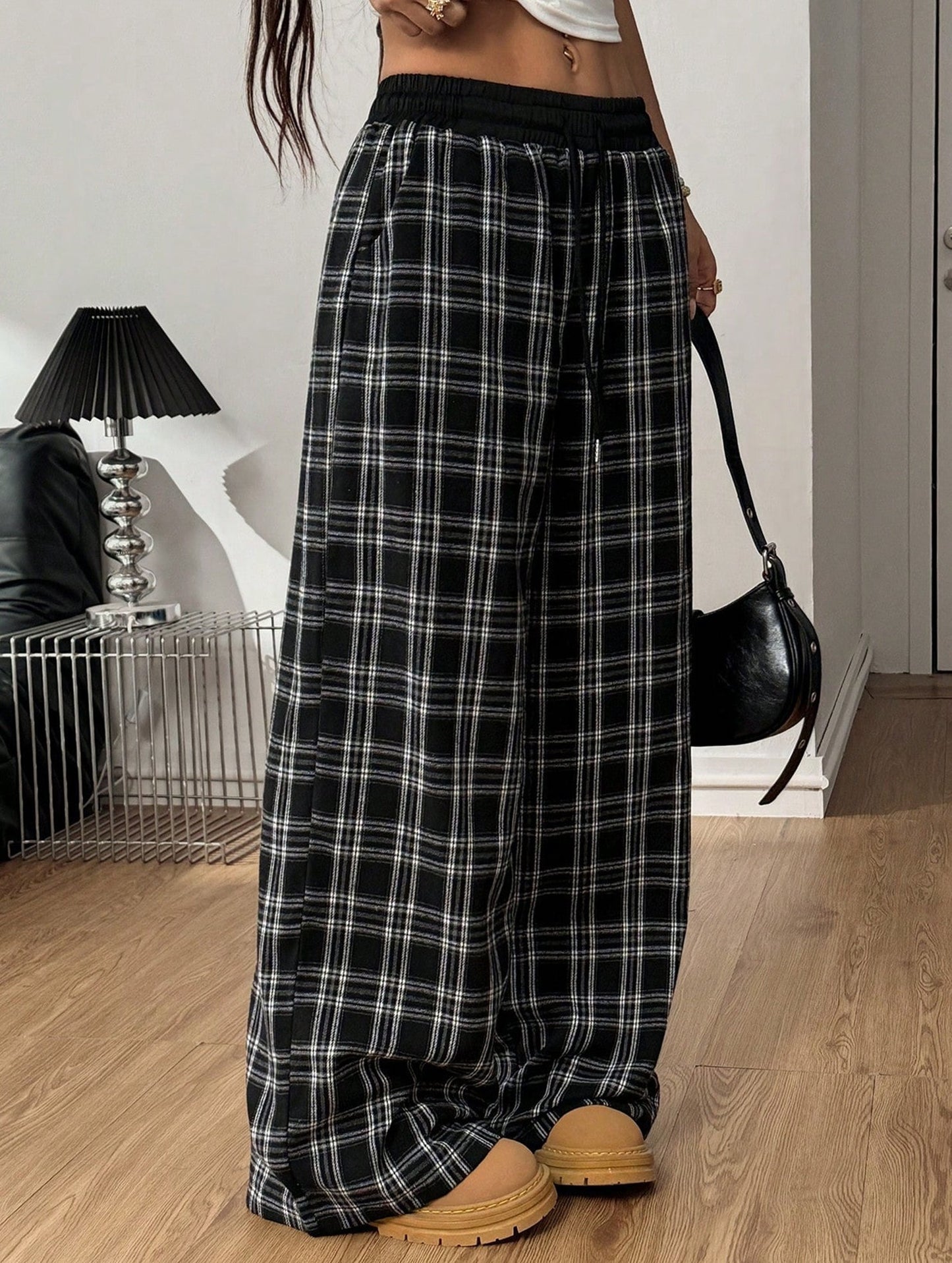 Plaid panel high waist sports straight pants