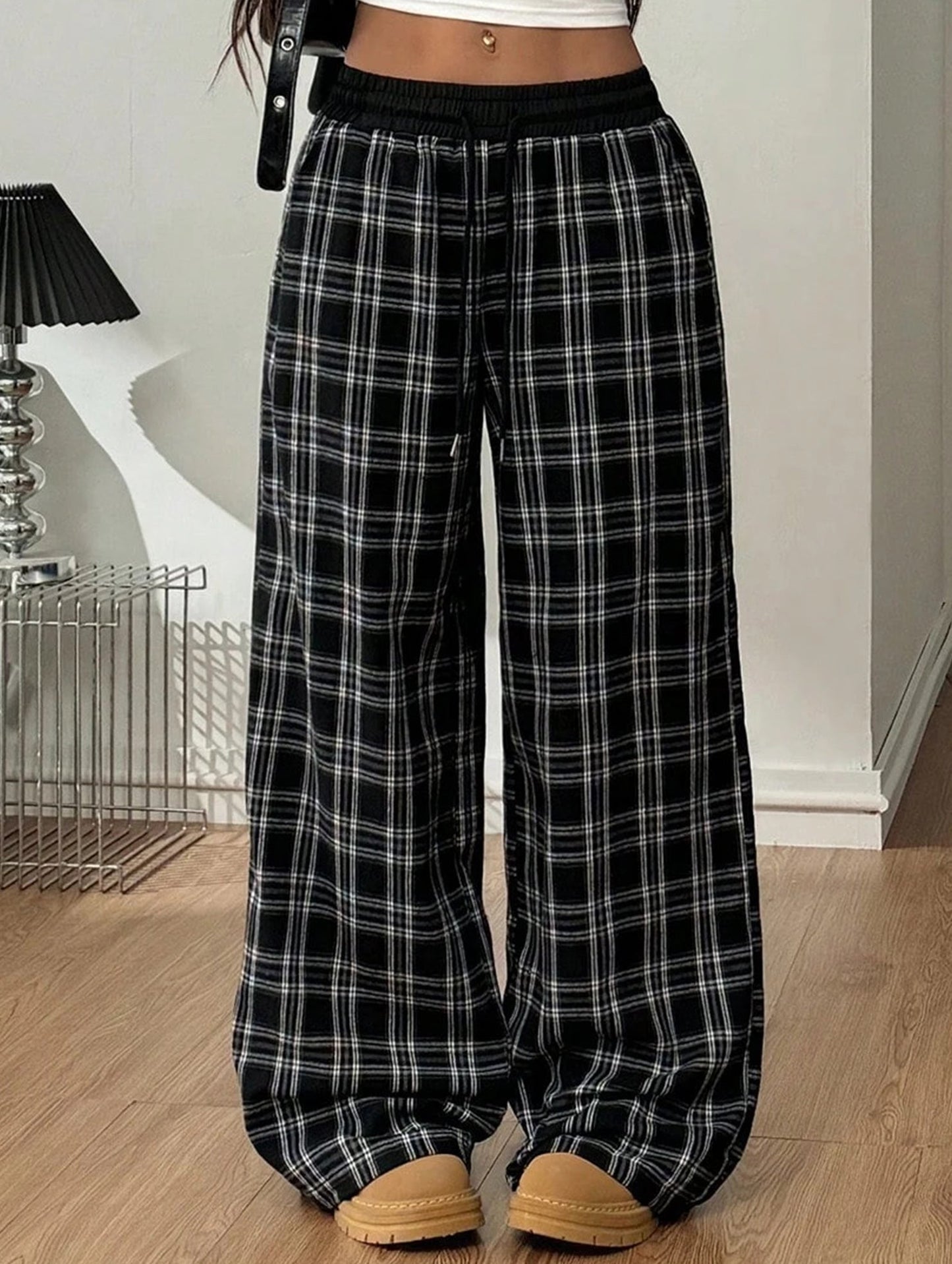 Plaid panel high waist sports straight pants