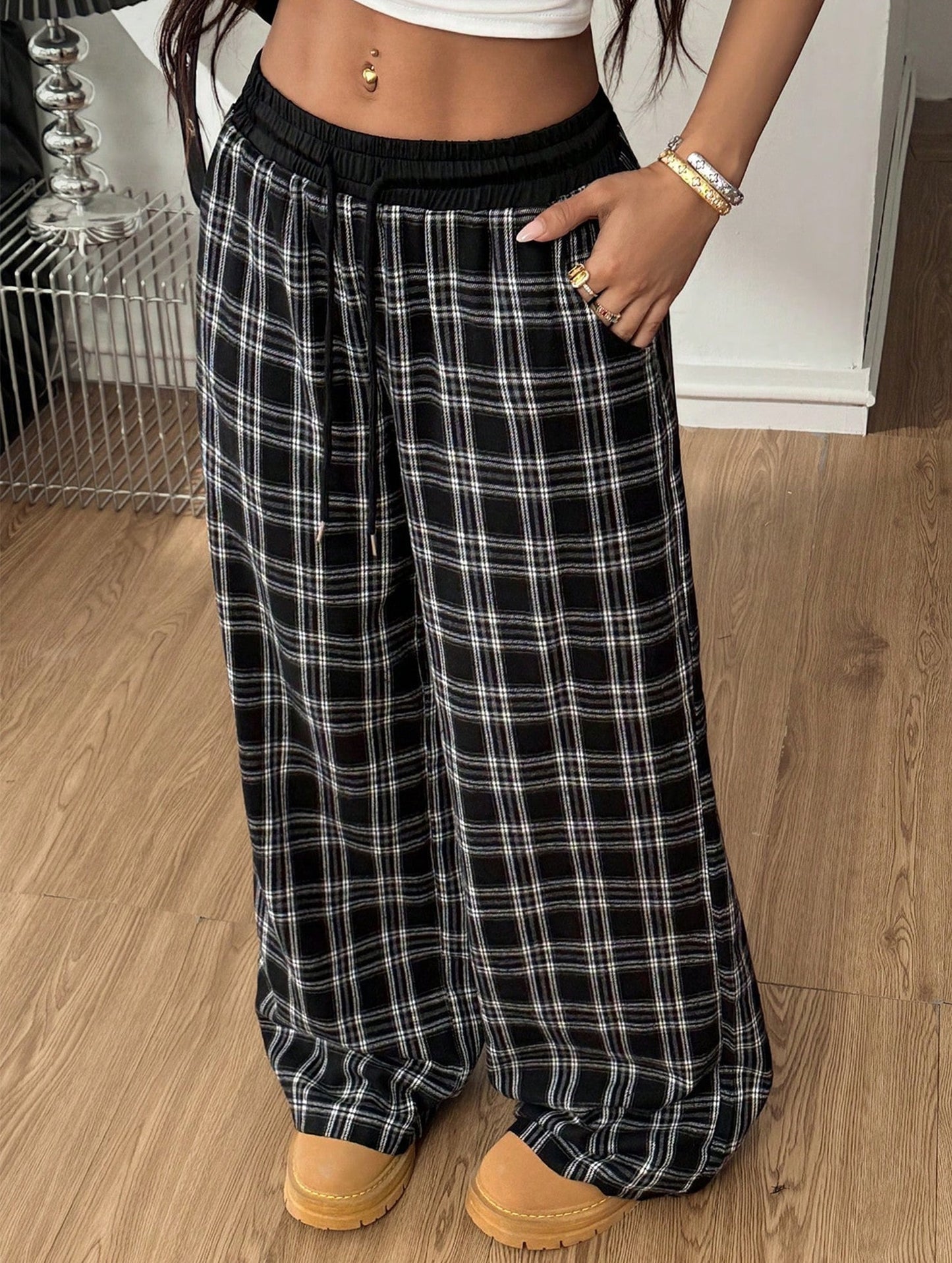 Plaid panel high waist sports straight pants