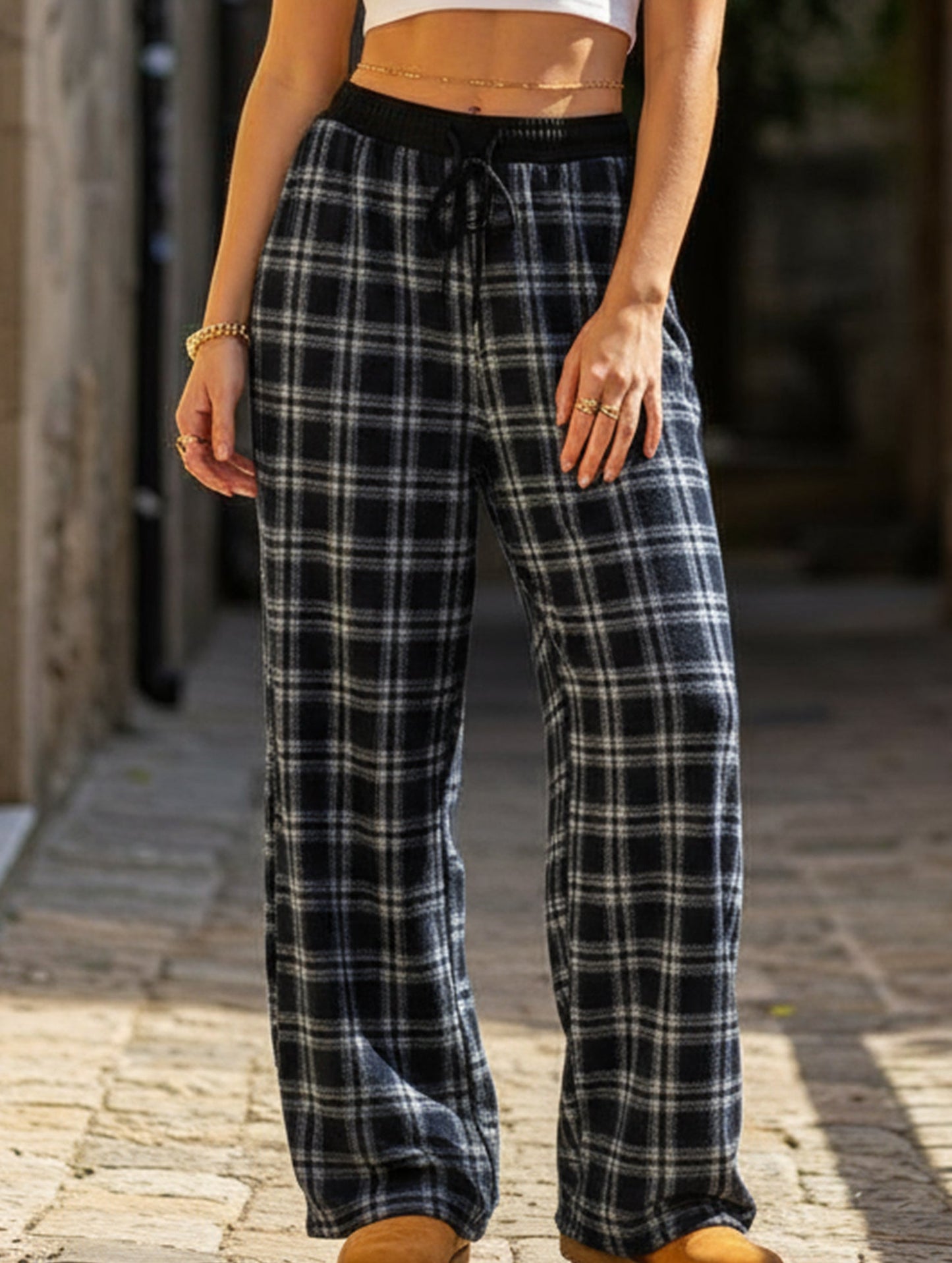 Plaid panel high waist sports straight pants