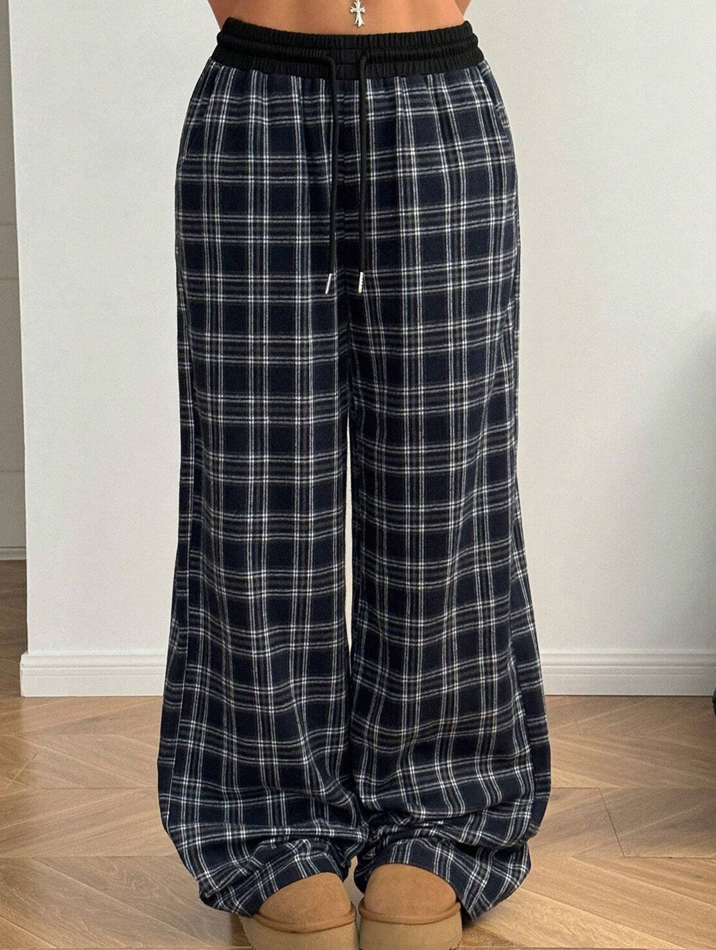 Plaid panel high waist sports straight pants