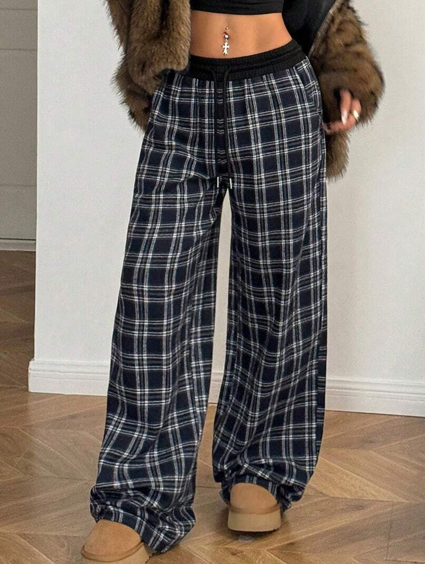 Plaid panel high waist sports straight pants