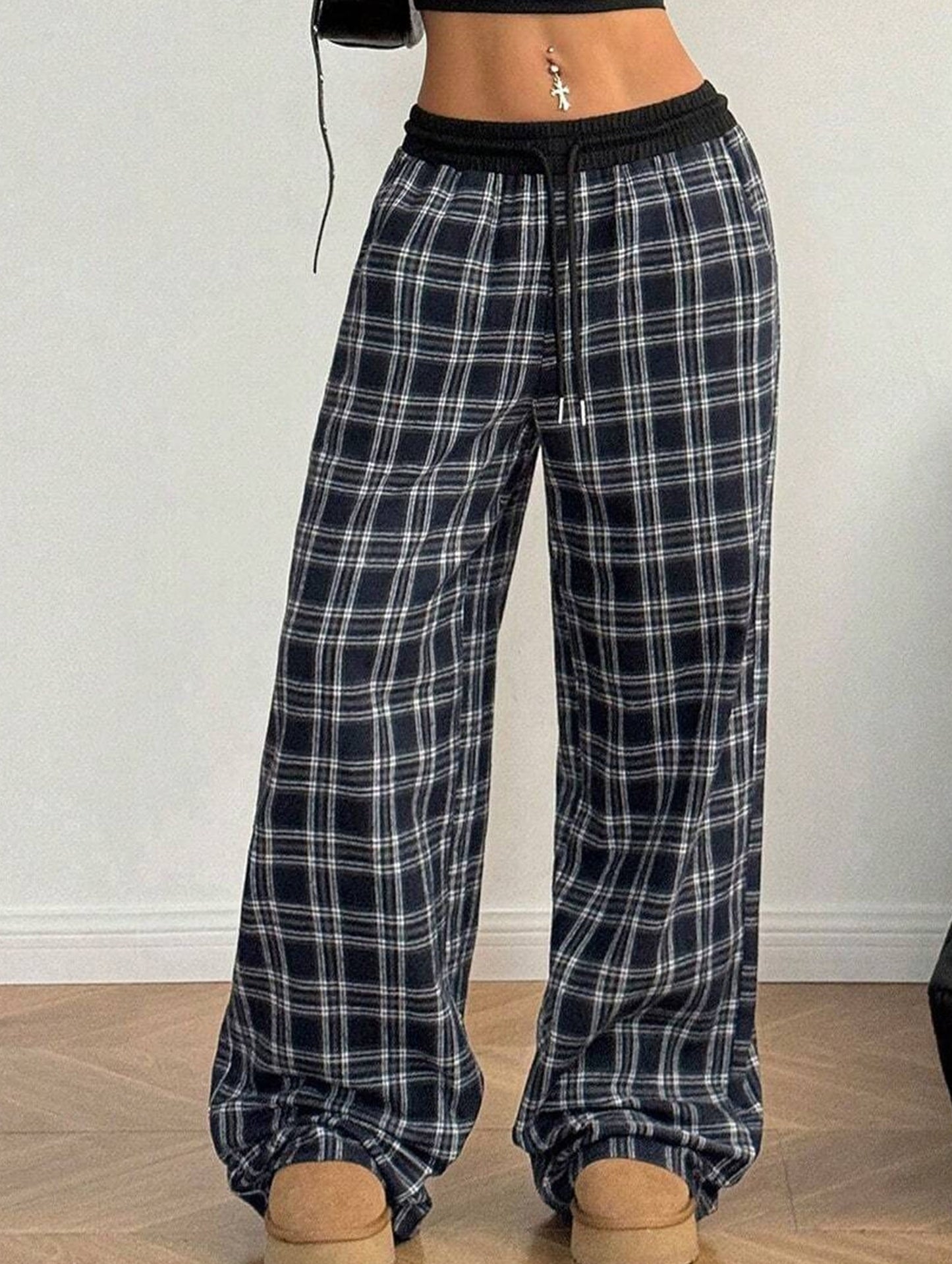 Plaid panel high waist sports straight pants