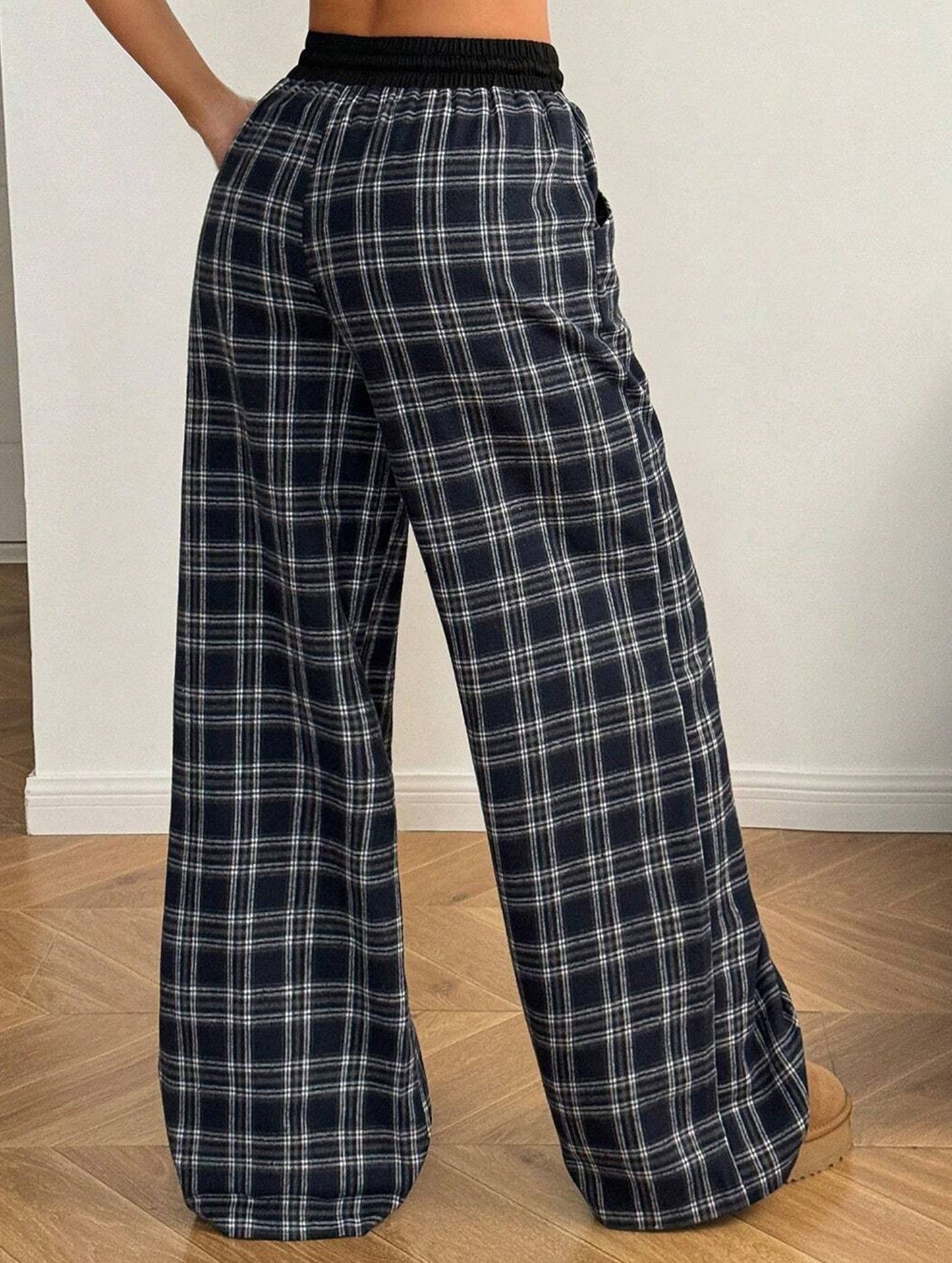 Plaid panel high waist sports straight pants